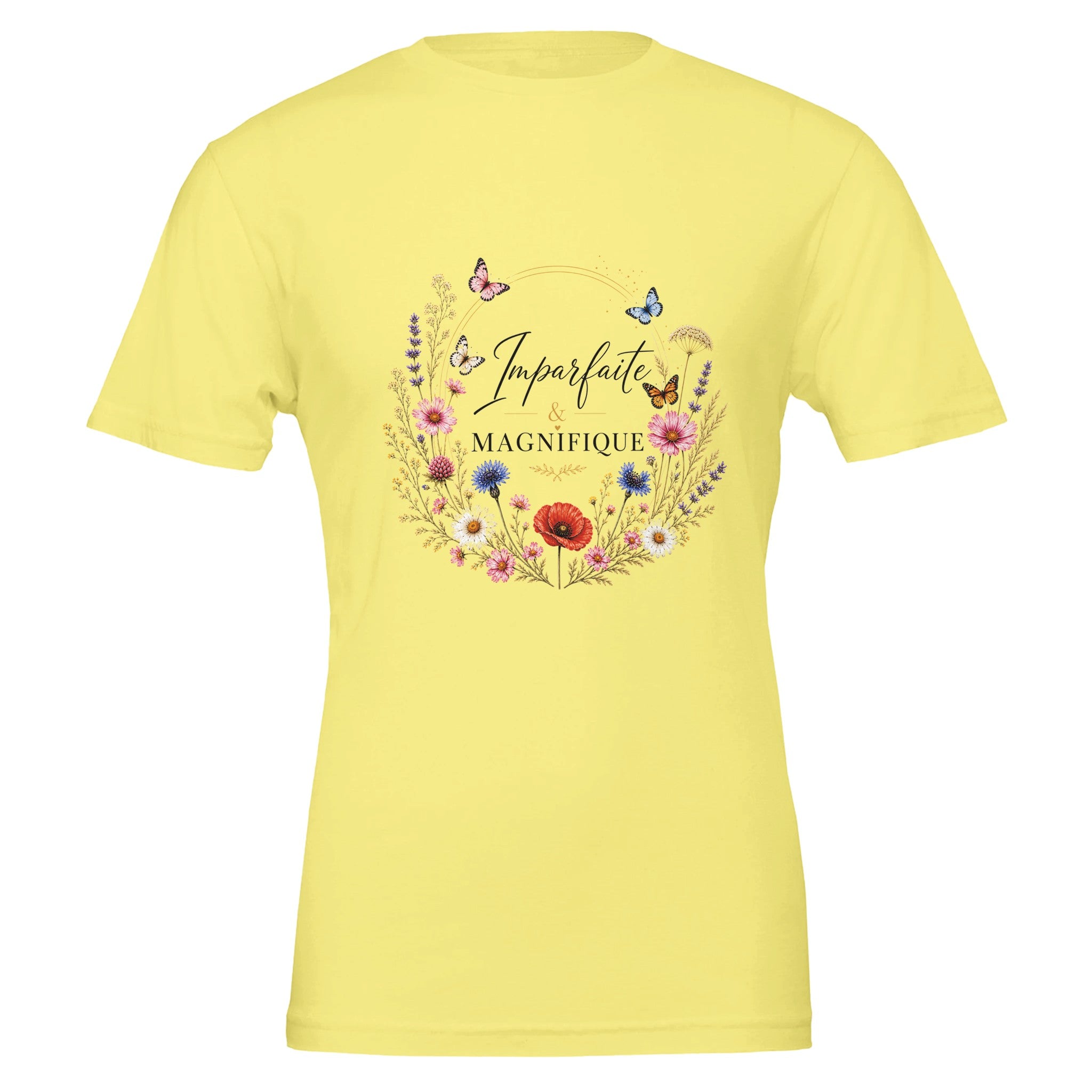 T-shirt femme jaune à col rond, imprimé floral en couronne avec papillons.