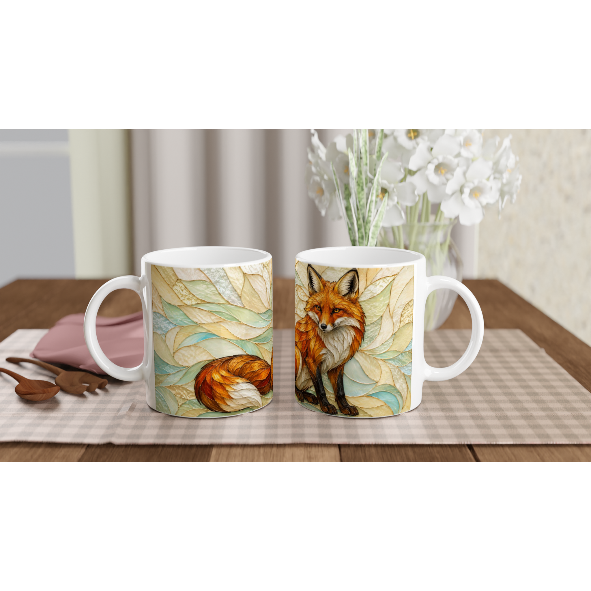 Deux mugs en céramique blancs avec renard roux et feuilles, poignées visibles