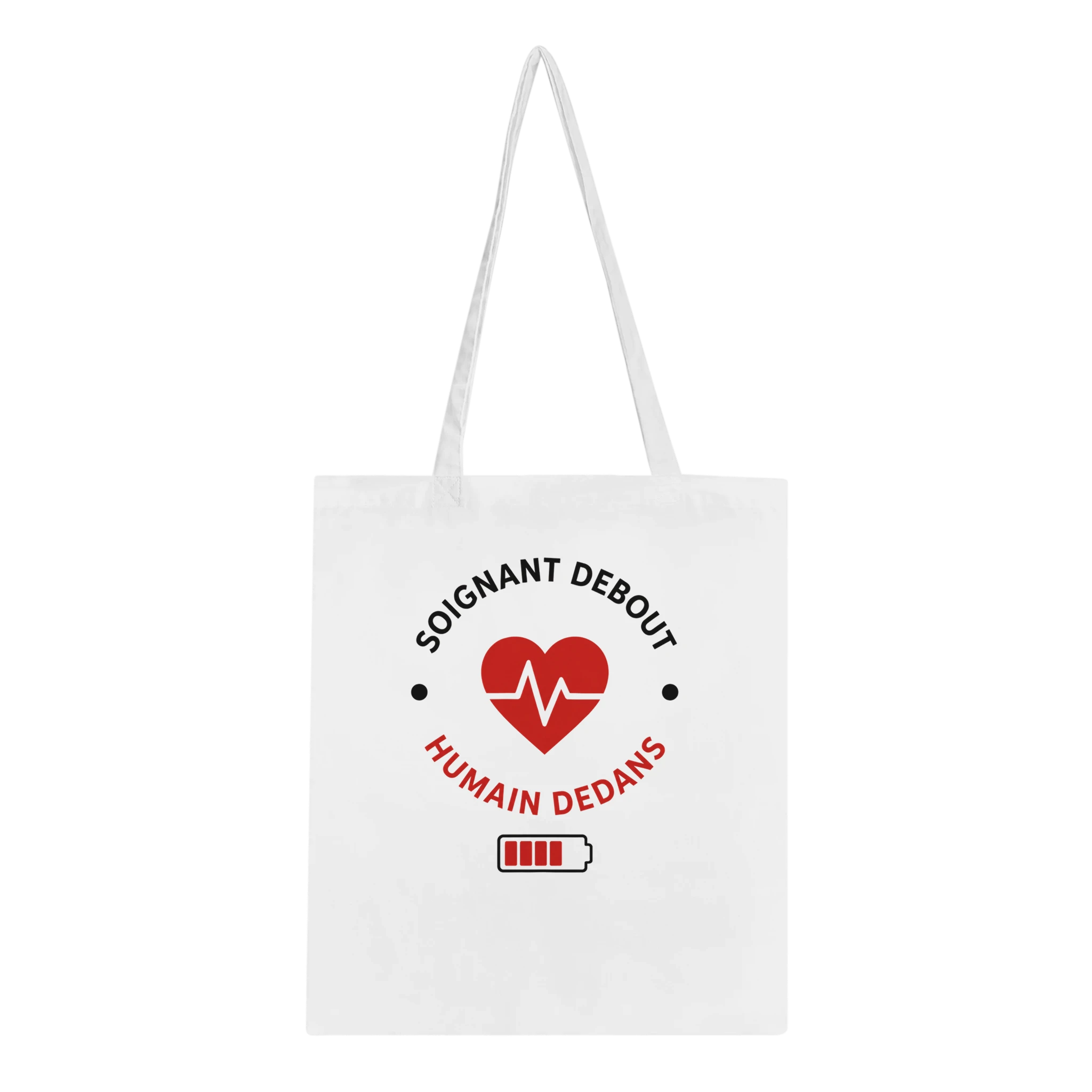 Sac cabas en toile blanche avec logo cœur rouge et inscription « Humain dedans »