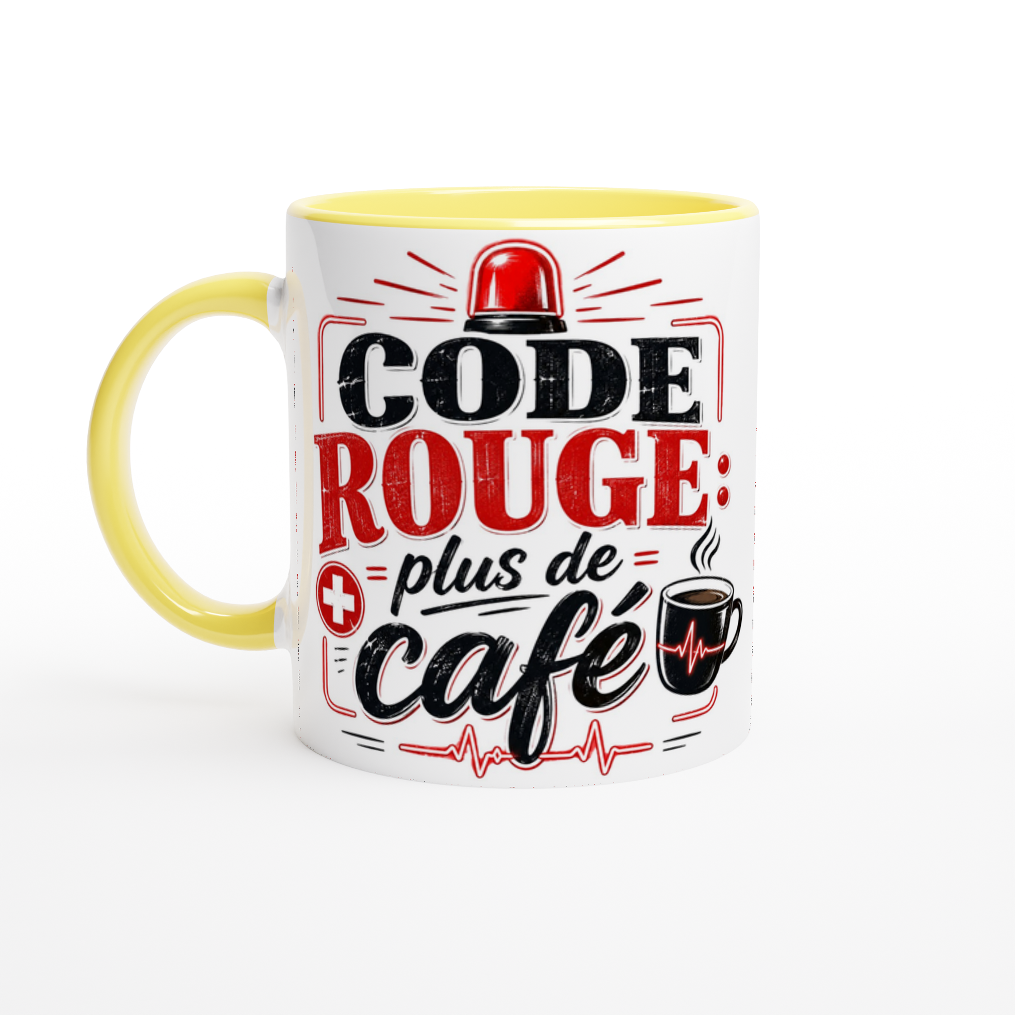 Mug céramique jaune, anse jaune, motif « Code Rouge plus de café ».
