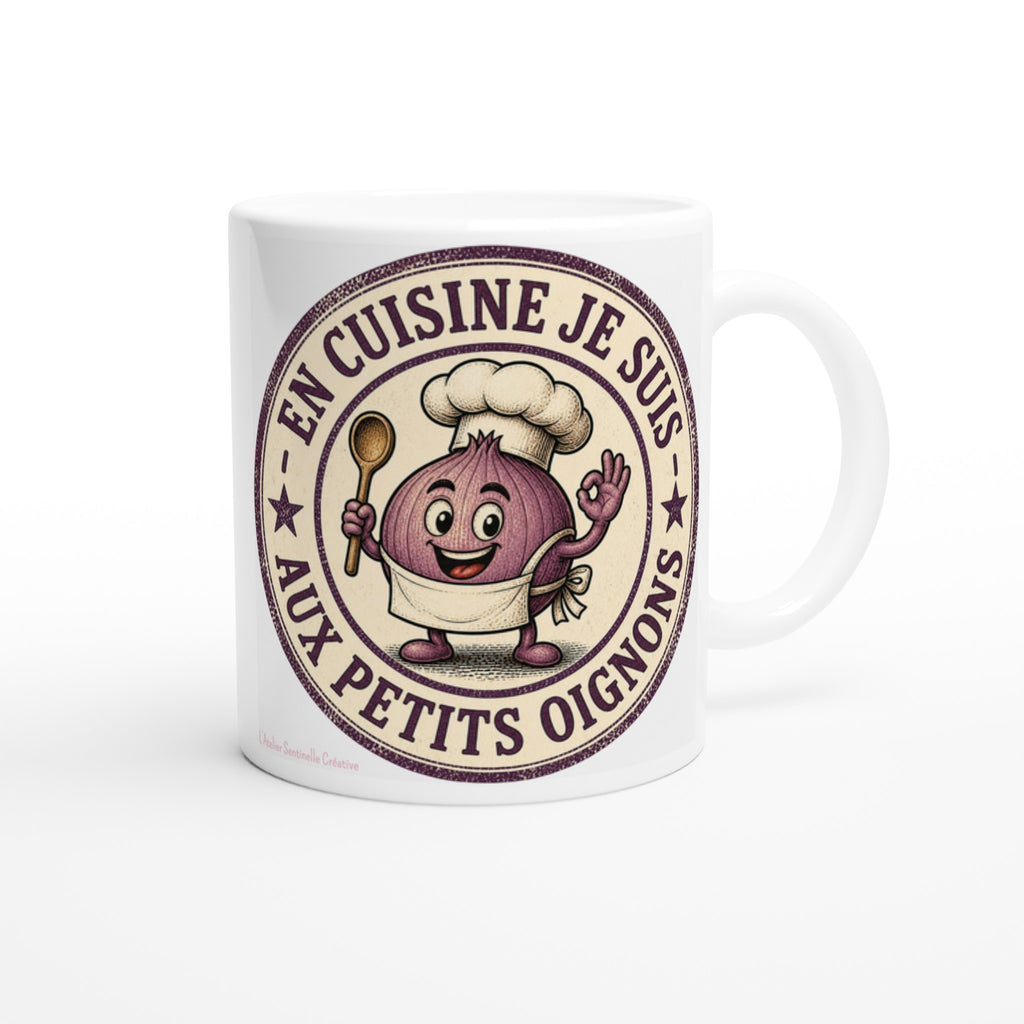 Mug blanc en céramique avec personnage de chef d’oignon et cercle « En cuisine je suis »