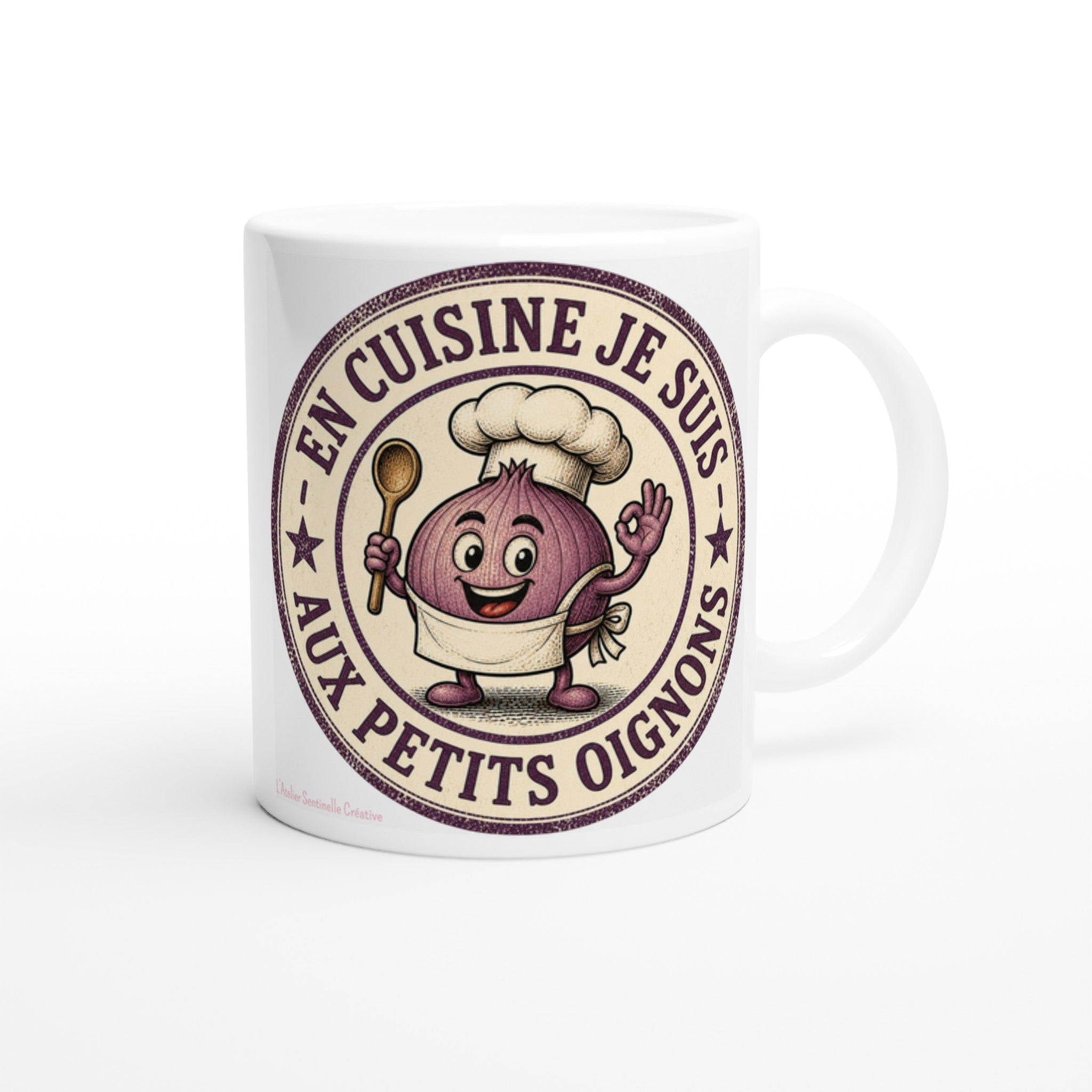 Mug blanc en céramique avec personnage de chef d’oignon et cercle « En cuisine je suis »
