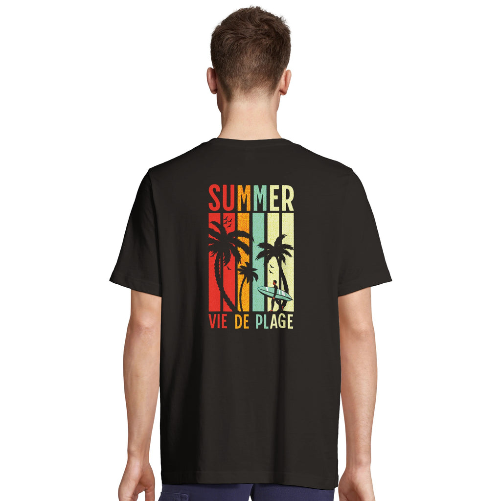 T-shirt oversize noir, imprimé dos «SUMMER VIE DE PLAGE» avec palmiers