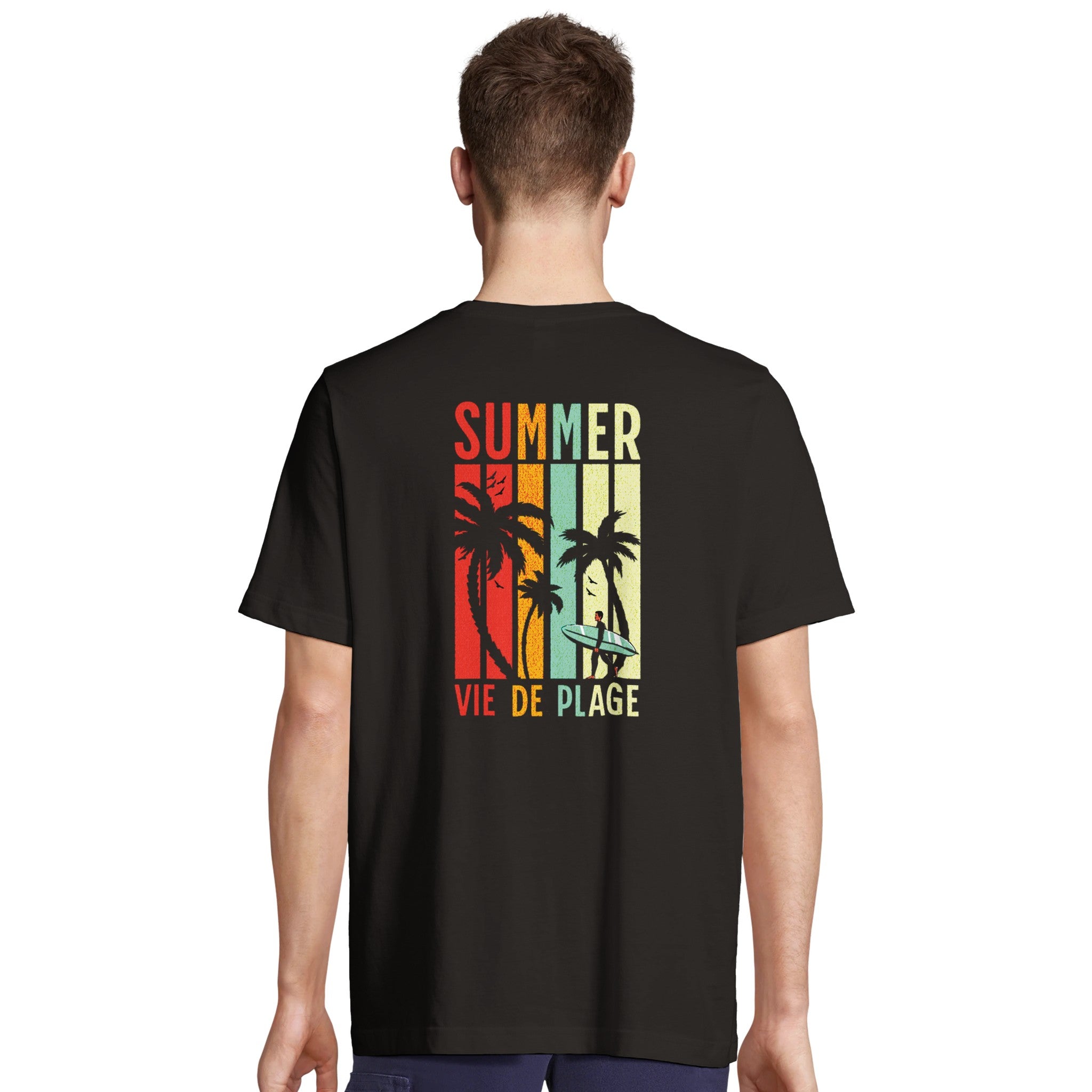 T-shirt oversize noir, imprimé dos «SUMMER VIE DE PLAGE» avec palmiers