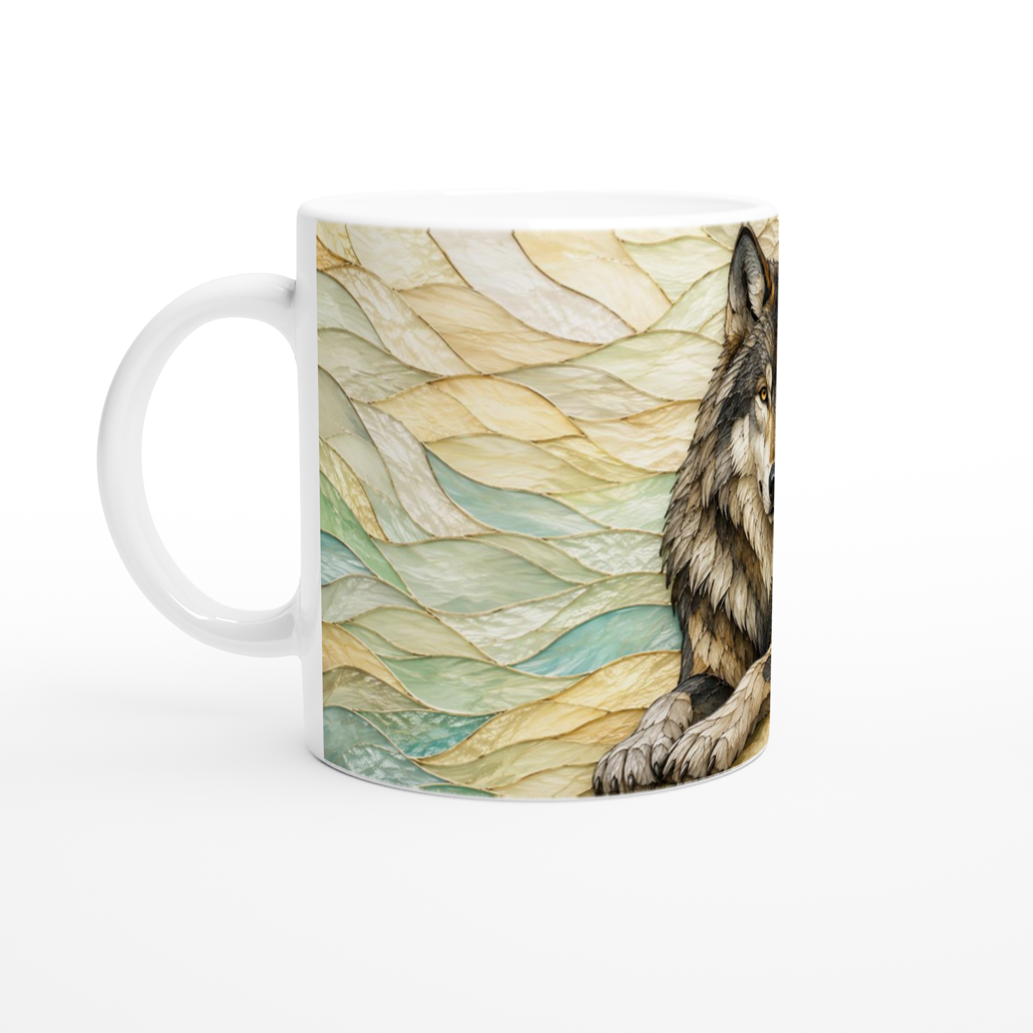 Mug en céramique blanche avec poignée, profil de loup sur motif de vagues