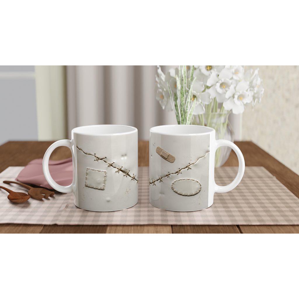 Deux mugs en céramique blanche avec broderie façon sutures et pansement trompe-l’œil.