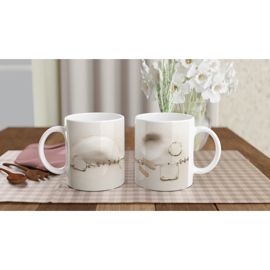 Lot de 2 mugs en céramique blanche, décor trompe-l’œil avec chaîne et plaque métallique