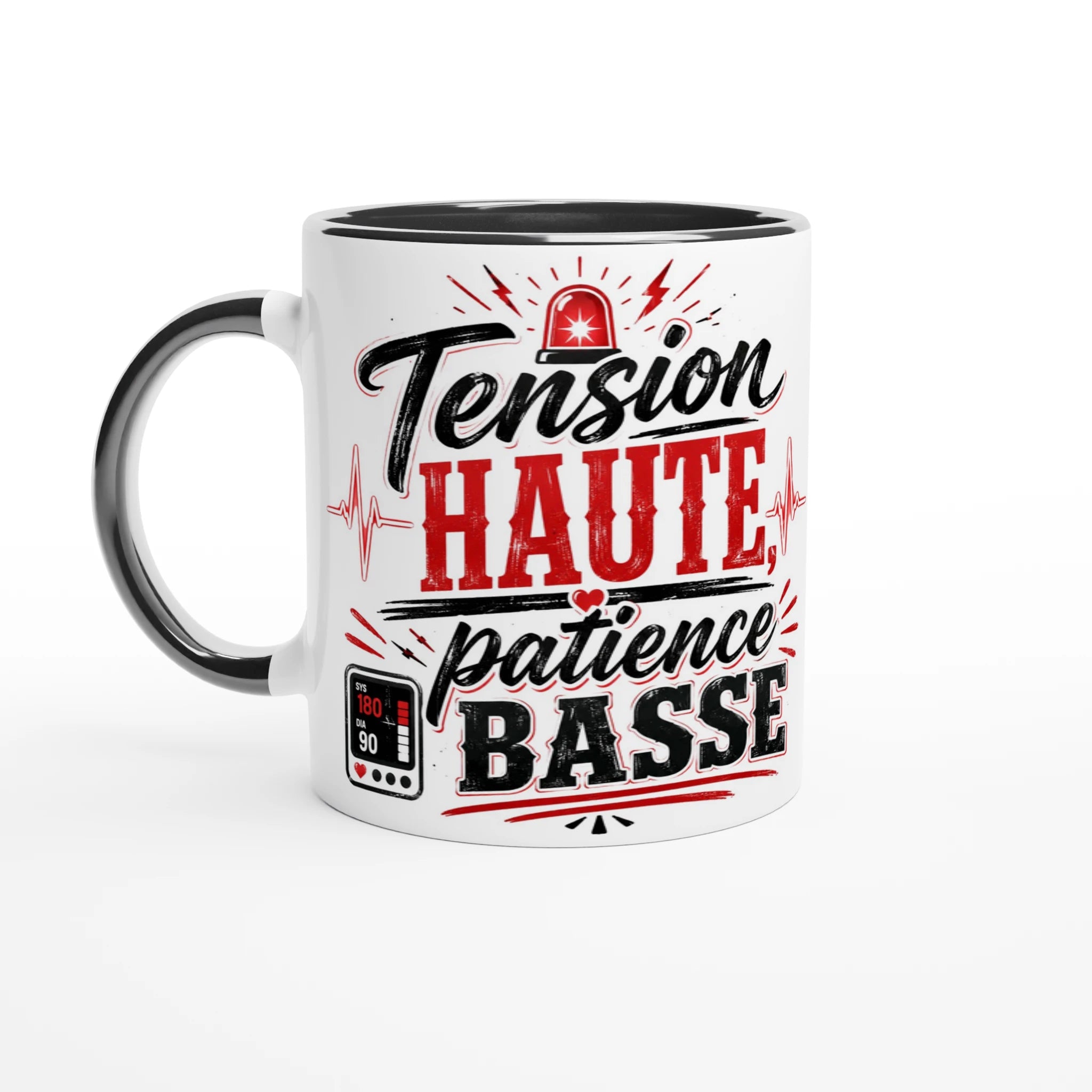 Mug en céramique blanc, anse noire et inscription Tension Haute/Basse