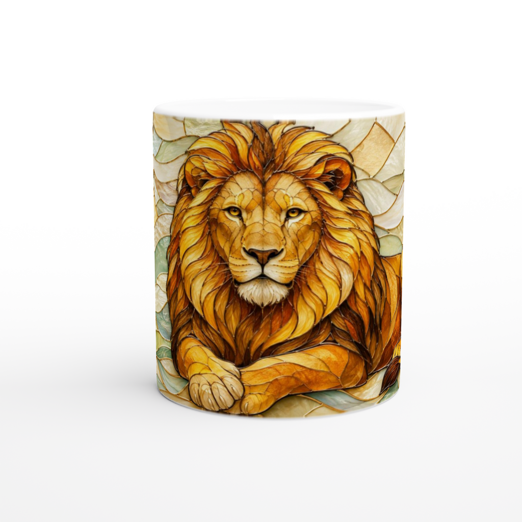 Mug en céramique blanc à motif lion doré et feuilles vertes