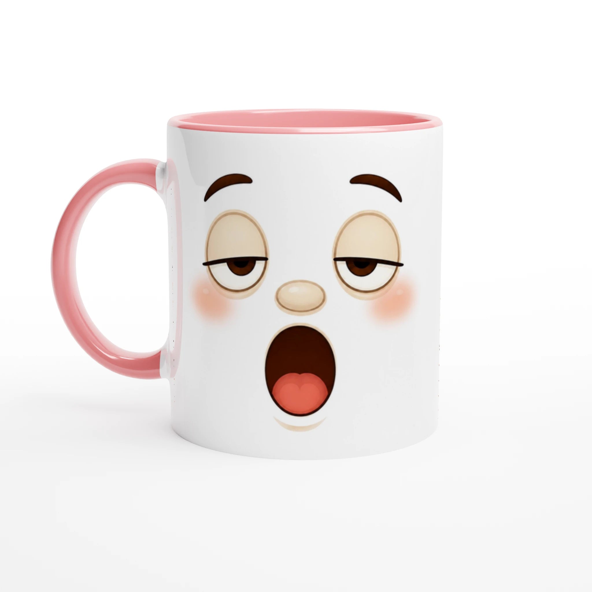 Mug en céramique bicolore blanc et rose, avec visage kawaii imprimé.