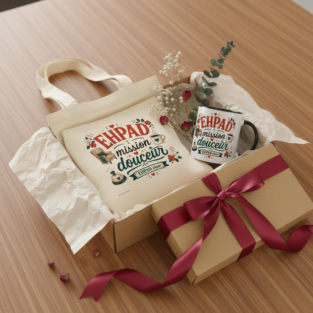 Sac en toile crème avec logo, mug blanc, boîte cadeau kraft avec ruban bordeaux