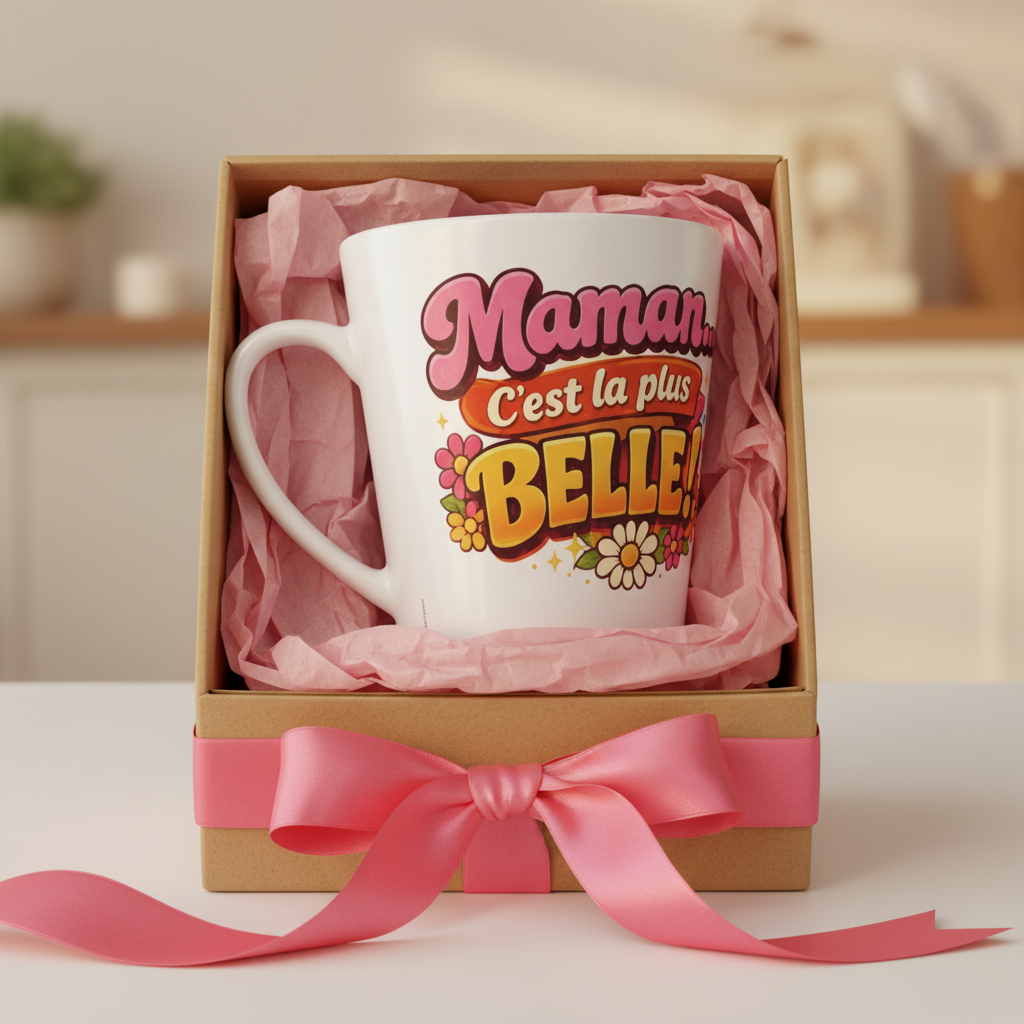 Mug blanc « Maman… c’est la plus belle » dans un coffret cadeau avec ruban rose