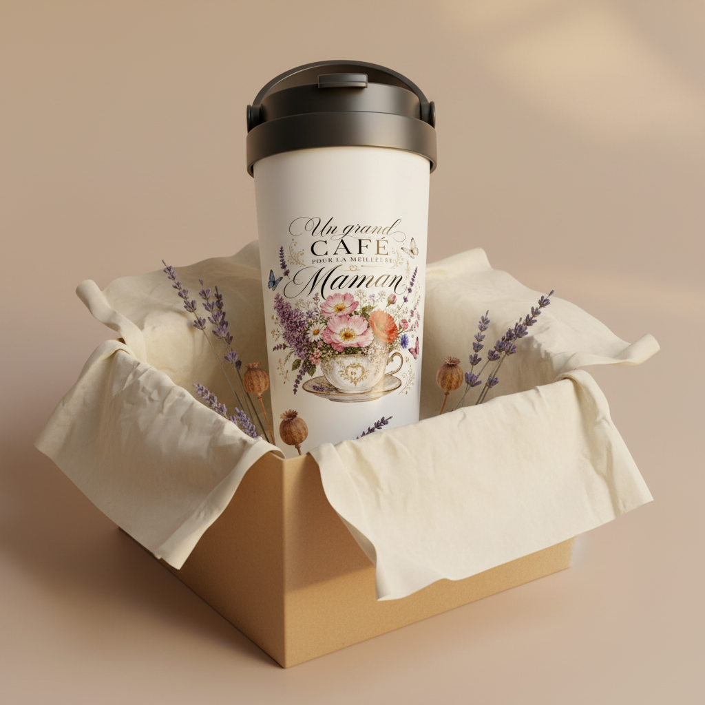Gobelet thermos blanc, couvercle noir, décor « Un grand Café Maman ».