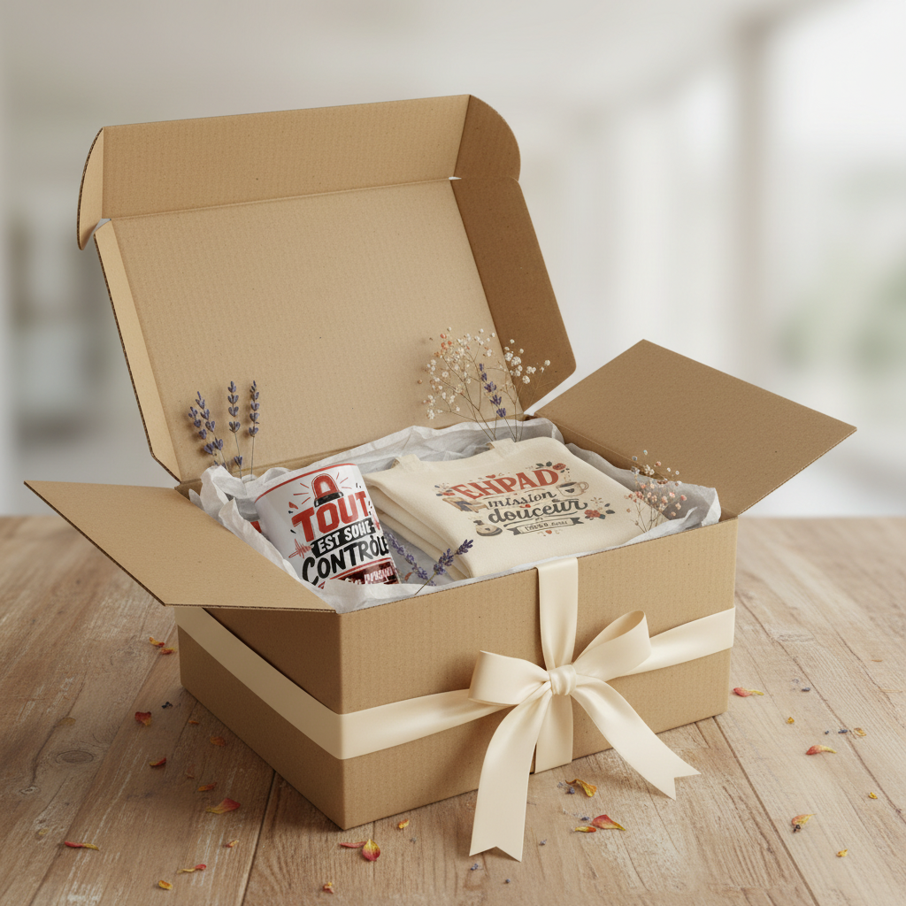Coffret cadeau ouvert avec deux mugs et tote bag, ruban blanc sur fond brun