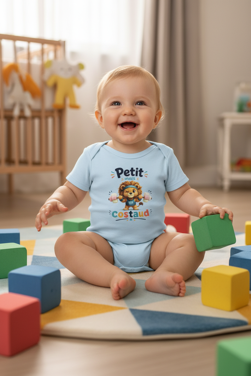 Body bébé bleu clair porté, manches courtes, imprimé lion et texte « Petit mais Costaud »