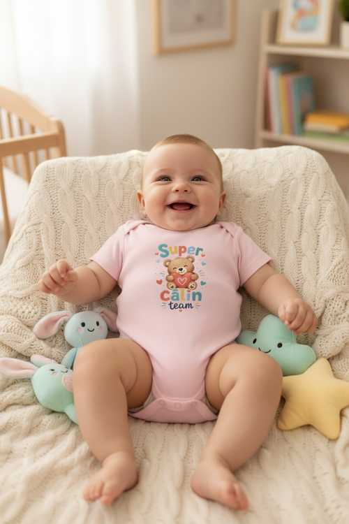 Body bébé rose à manches courtes, imprimé “Super Calin team” avec petit ours