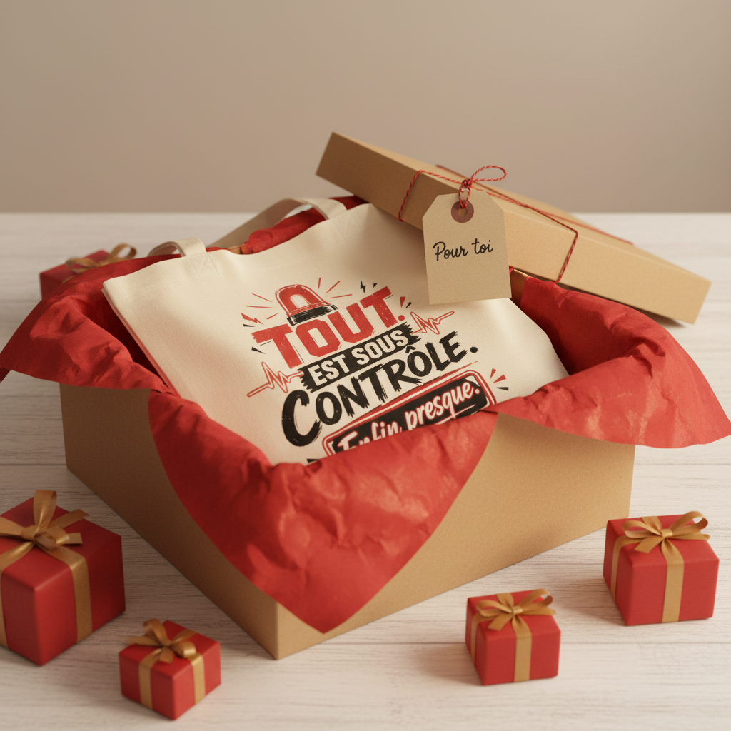 Sac cabas en toile crème plié, motif « Tout est sous contrôle » noir et rouge.