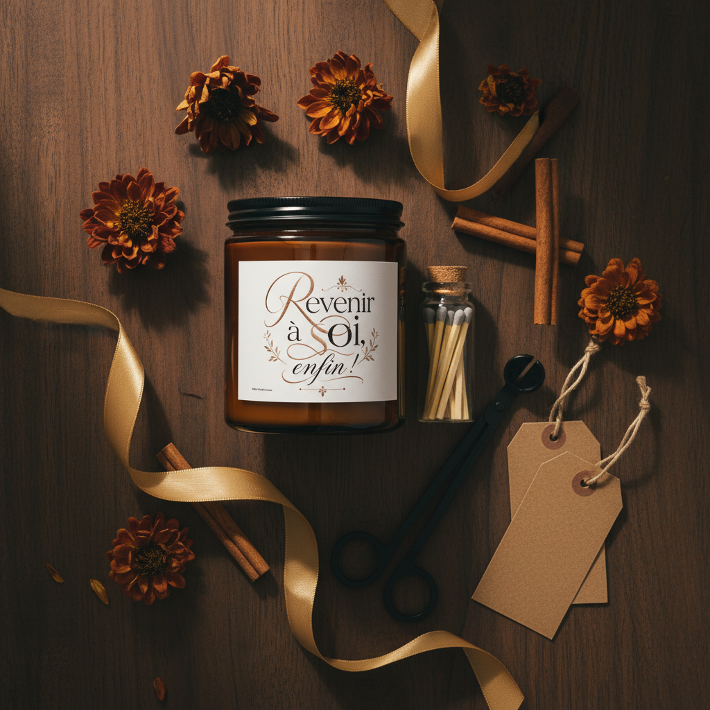 Coffret bougie parfumée avec pot ambré, allumettes et coupe-mèche en métal noir