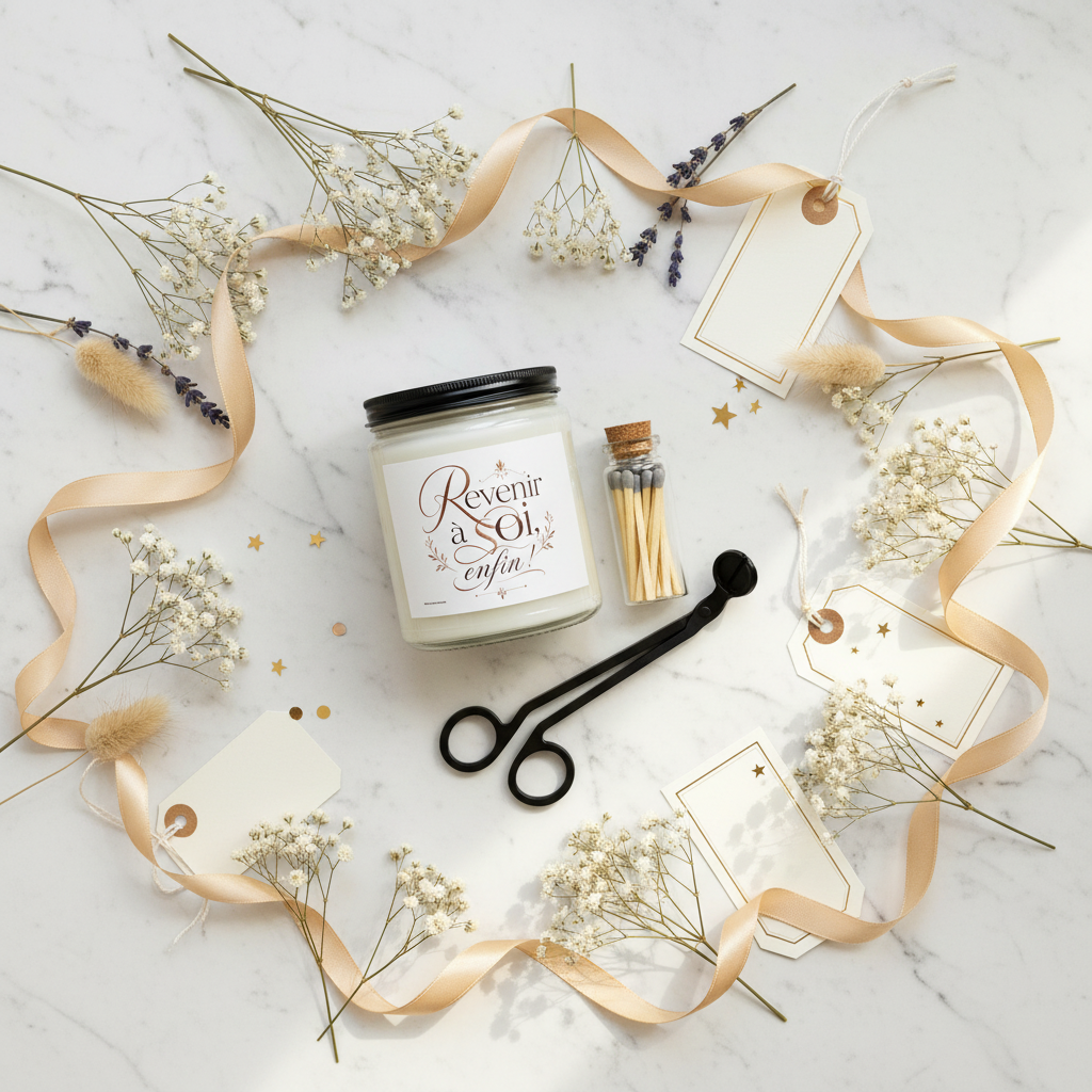 Coffret bougie parfumée avec pot en verre, allumettes, coupe-mèche et étiquettes