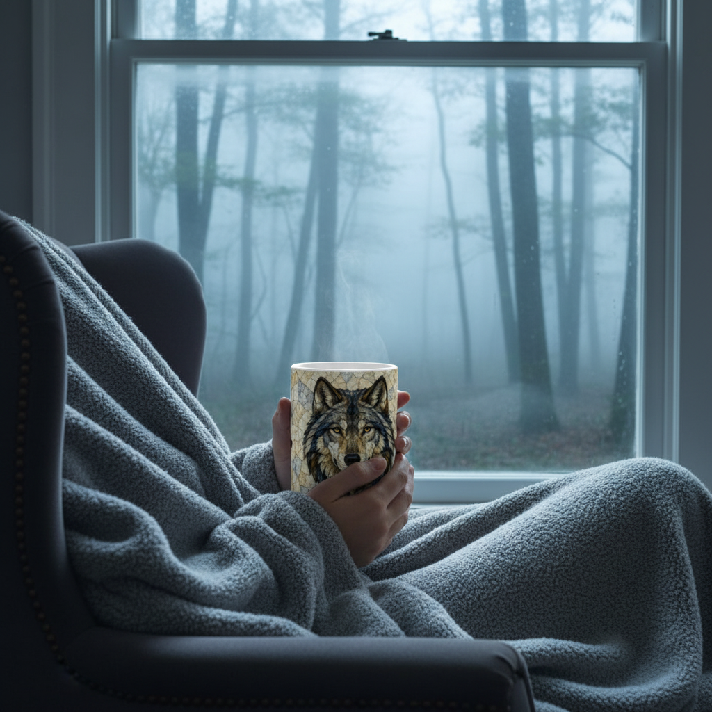 Brume forêt mug loup vitrail