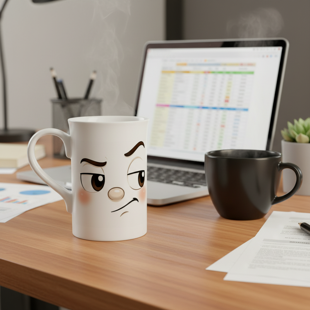 Mug blanc avec visage kawaii au regard insistant sur le devant, sur un bureau.