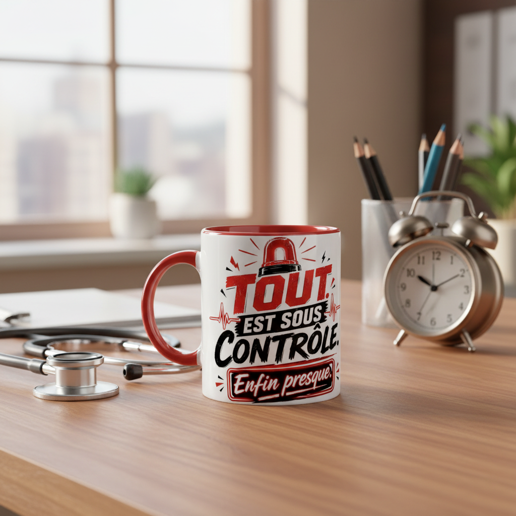 Mug blanc à poignée rouge, logo « Tout est sous contrôle ».