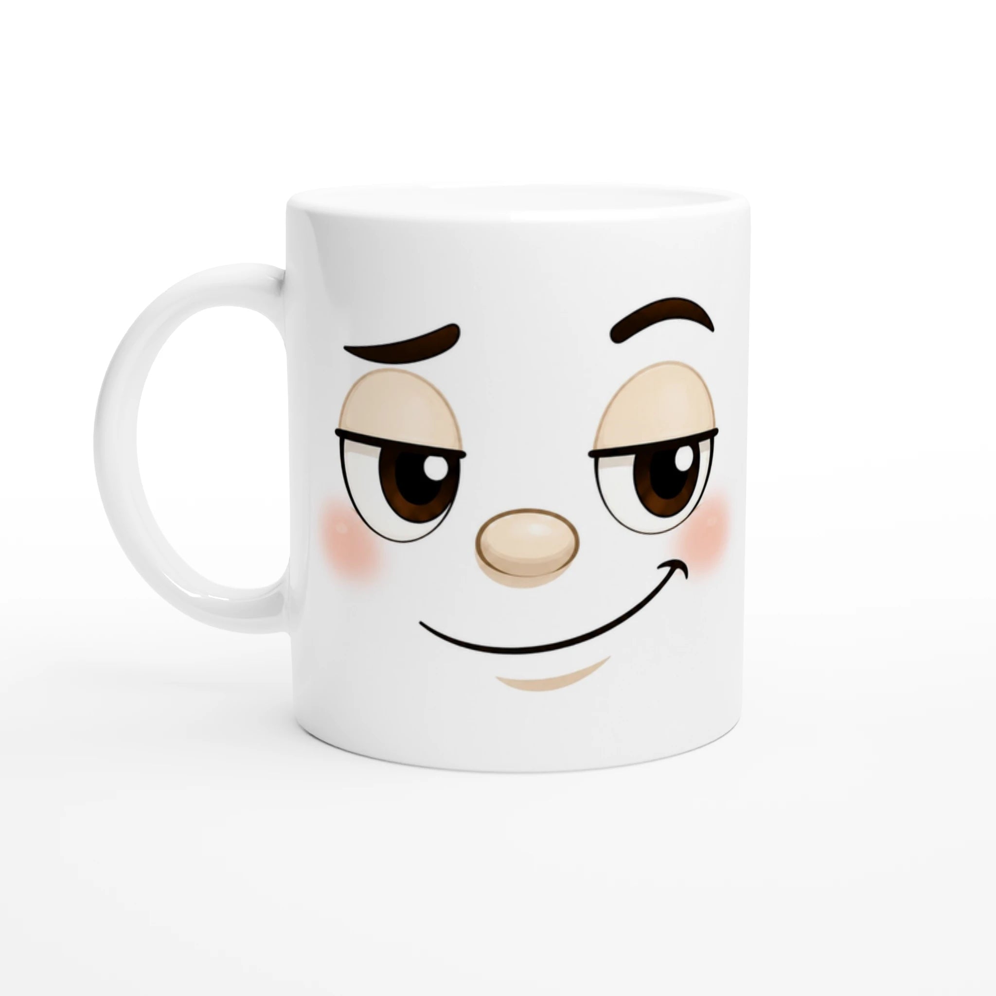 Mug en céramique blanc avec visage kawaii souriant, anse blanche