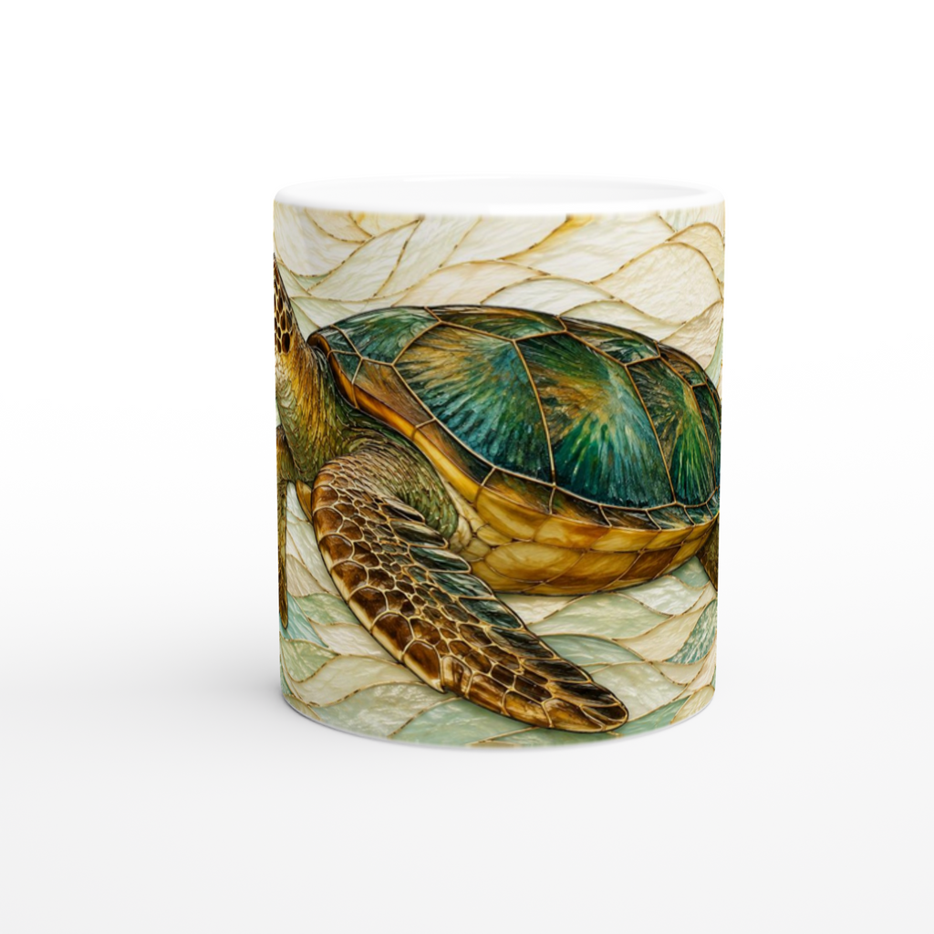 Tasse en céramique blanche 11 oz avec tortue verte et brune, motif sur tout le corps
