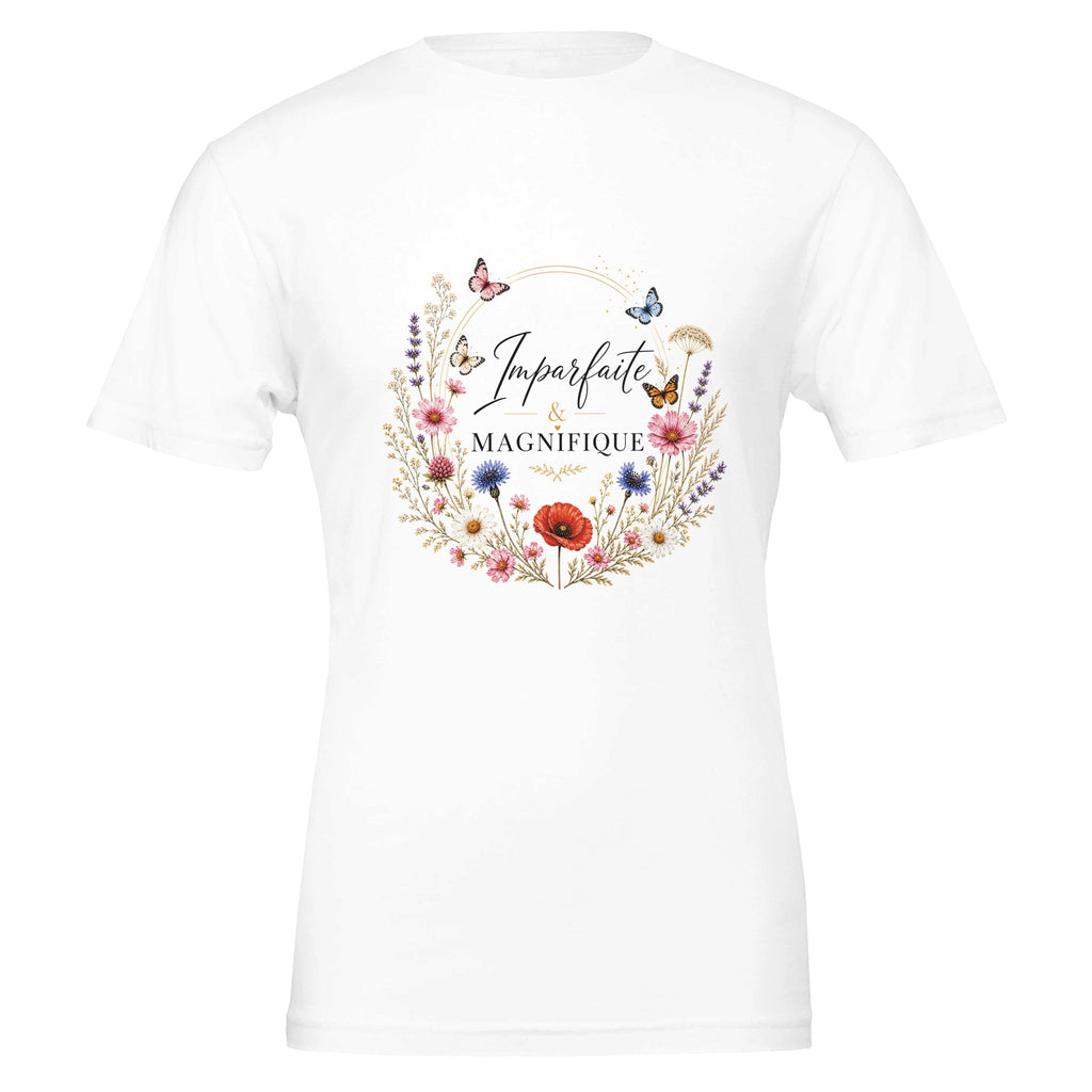 T-shirt femme blanc à col rond, dos avec imprimé floral en couronne centré.