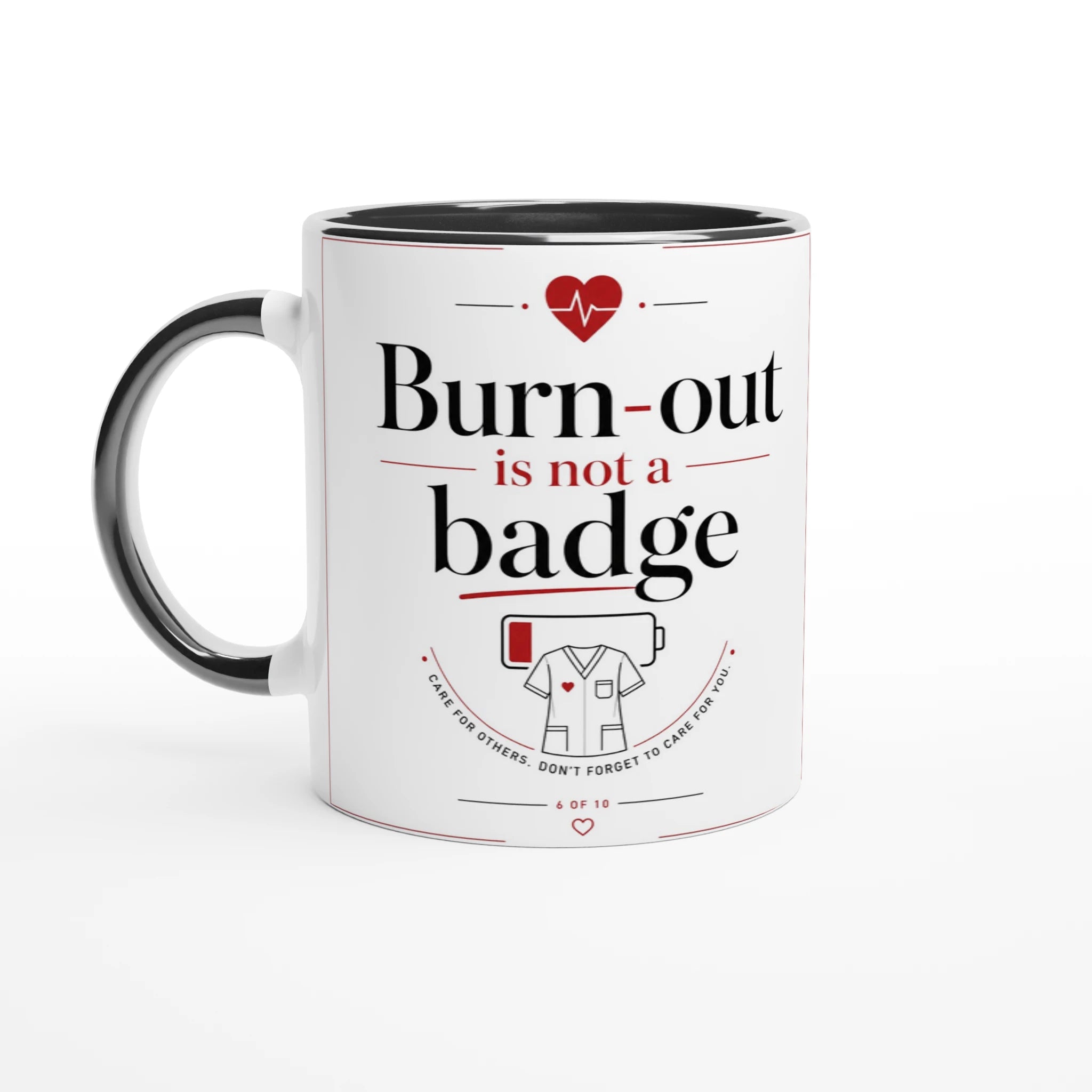 Mug en céramique sombre, poignée et bord noirs, marquage Burn-out.