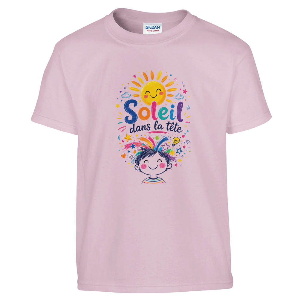 T-shirt enfant col rond rose clair, imprimé soleil coloré, étoiles et texte