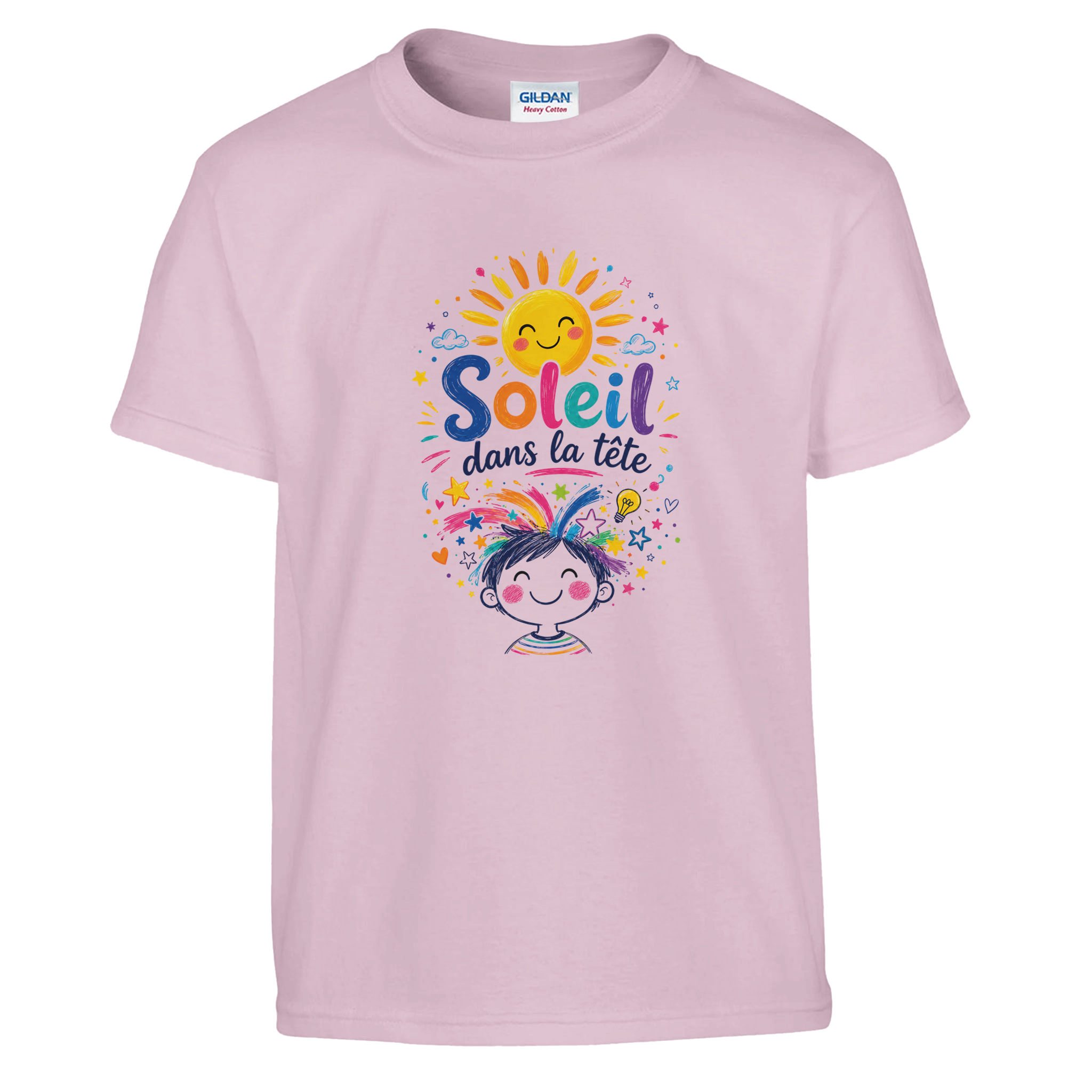 T-shirt enfant col rond rose clair, imprimé soleil coloré, étoiles et texte