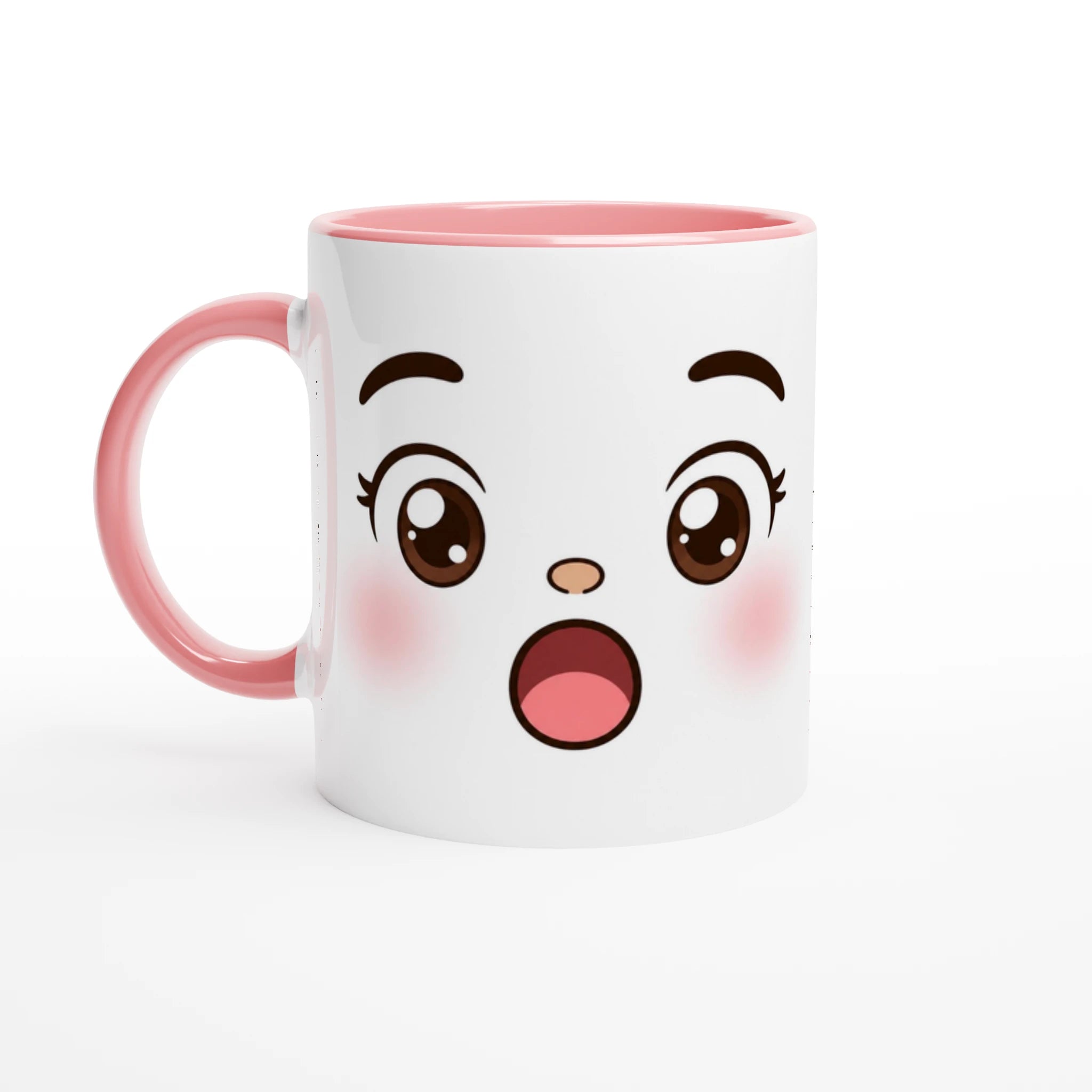 Tasse en céramique blanche au visage kawaii, poignée rose et bords roses.