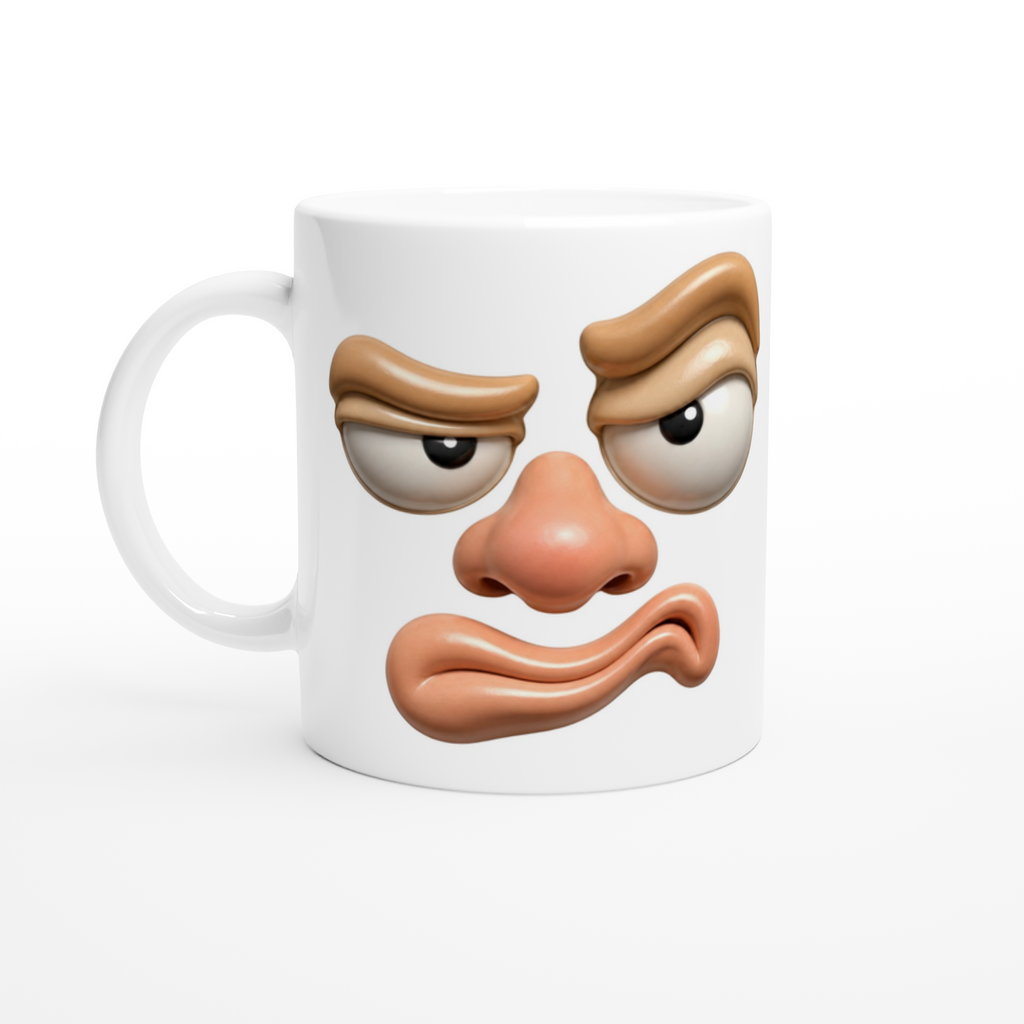 Mug blanc au visage grognon, anse blanche et bordure blanche