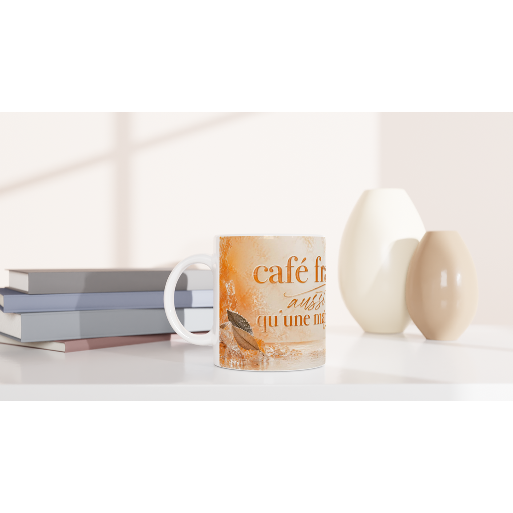 Mug en céramique blanche, motif orange « café » et mandarine, texte partiel