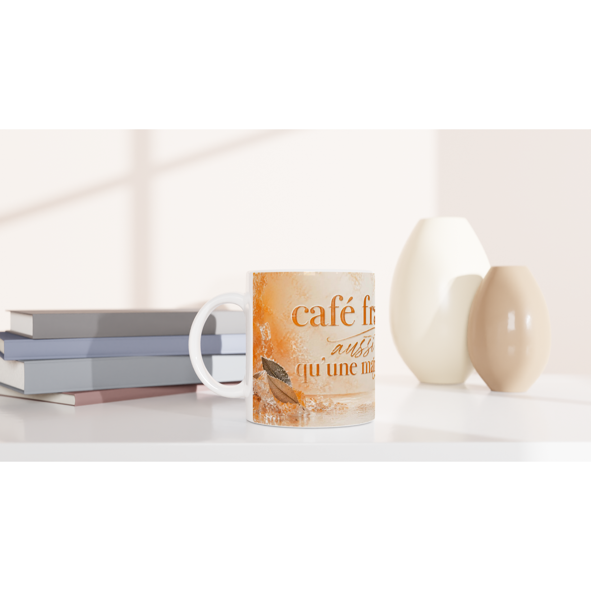 Mug en céramique blanche, motif orange « café » et mandarine, texte partiel