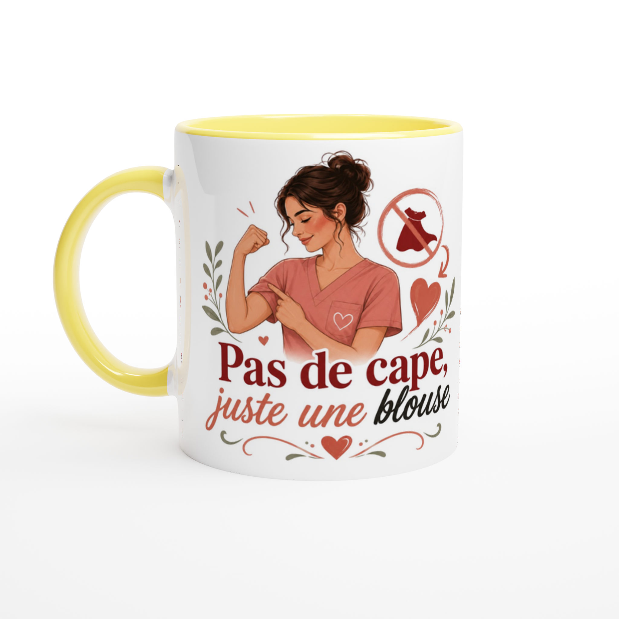 Mug en céramique blanc, anse et intérieur jaunes, motif « Pas de cape, juste une blouse ».