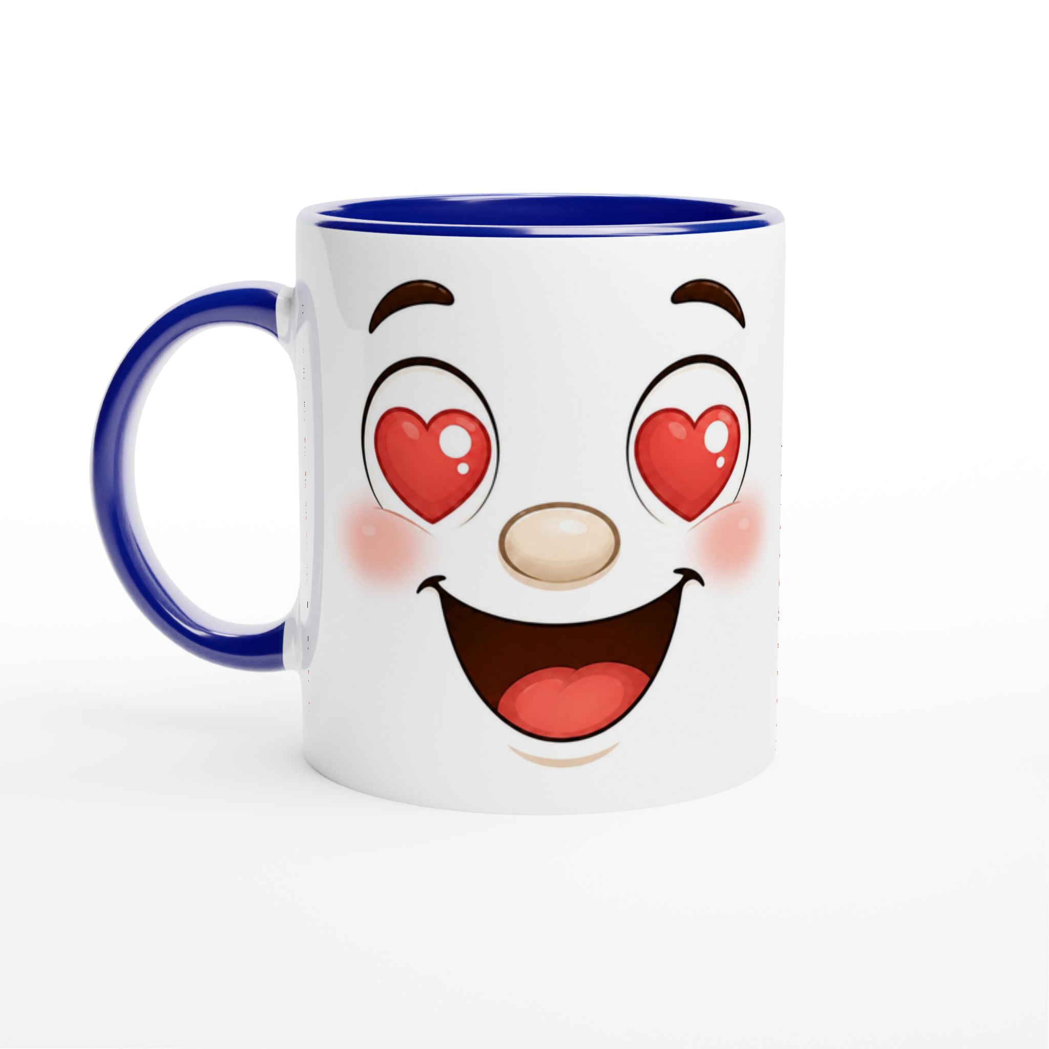 Mug en céramique blanc à anse bleu et bord bleu, visage kawaii souriant aux yeux en cœur.