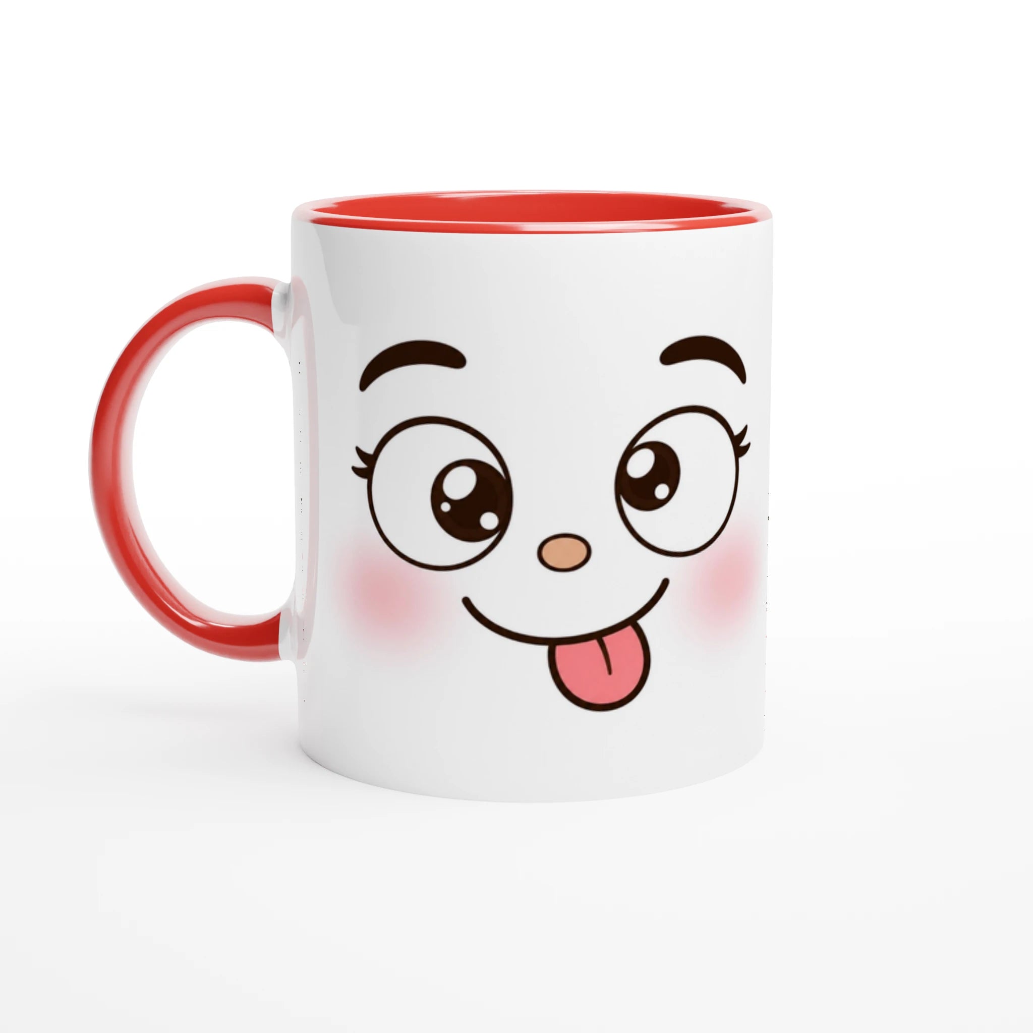 Mug en céramique blanche, intérieur et anse rouges, panda kawaii avec langue rose.
