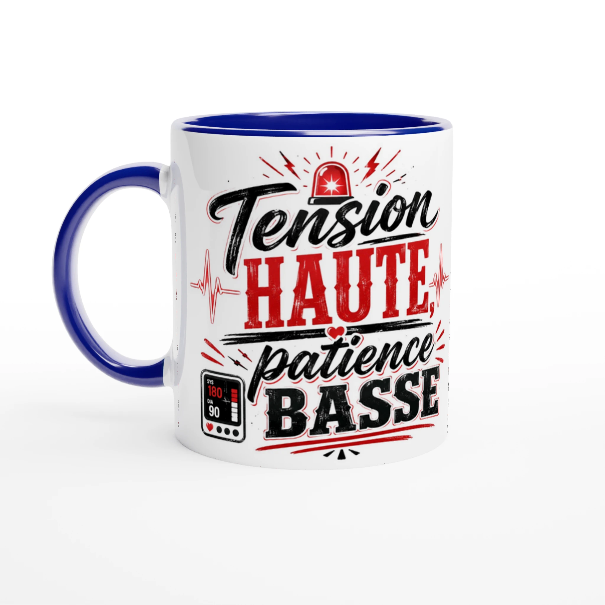 Mug en céramique blanc, anse bleue et intérieur bleu, « Tension HAUTE patience BASSE ».