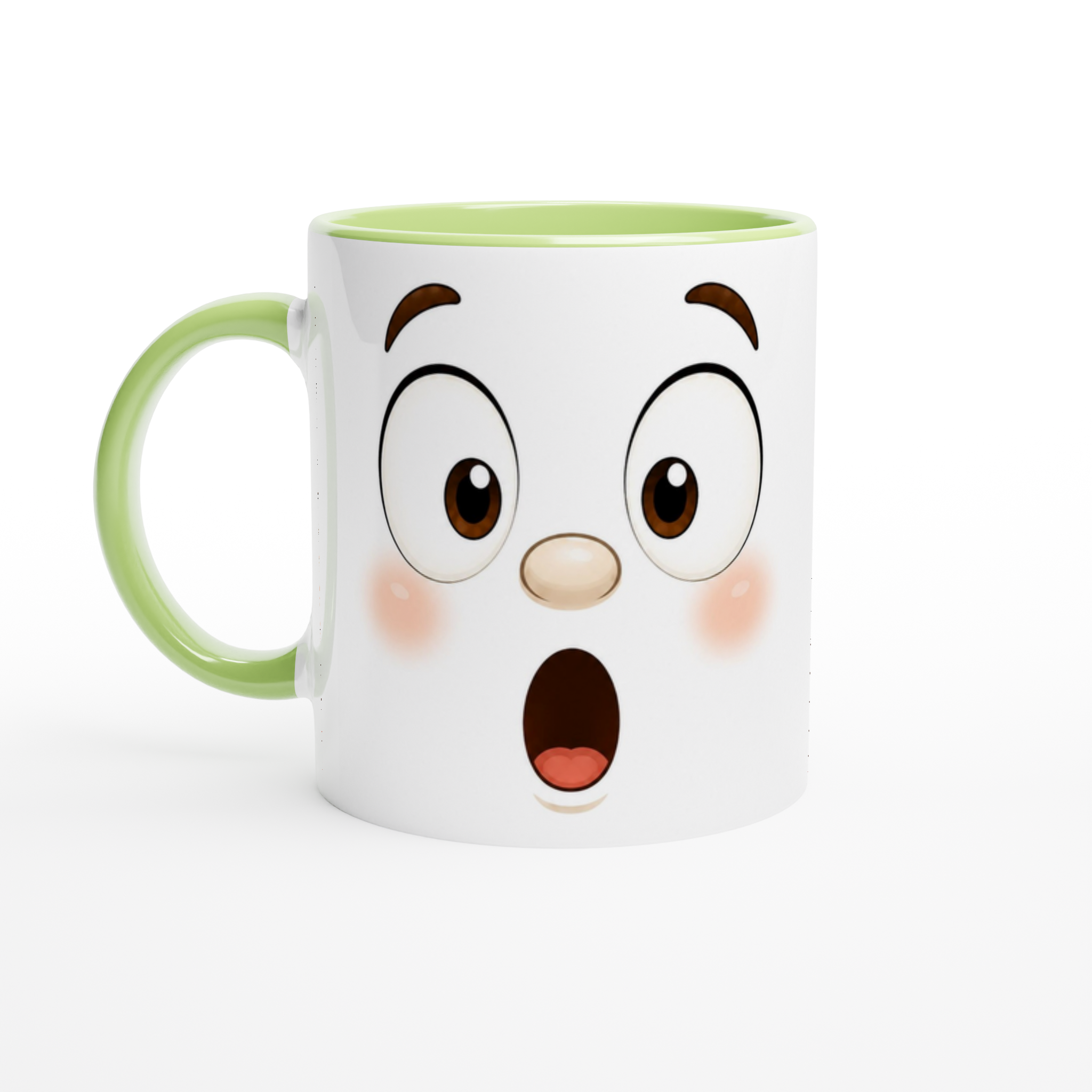 Tasse blanche en céramique, anse et bord vert clair, visage Kawaii bouche ouverte.