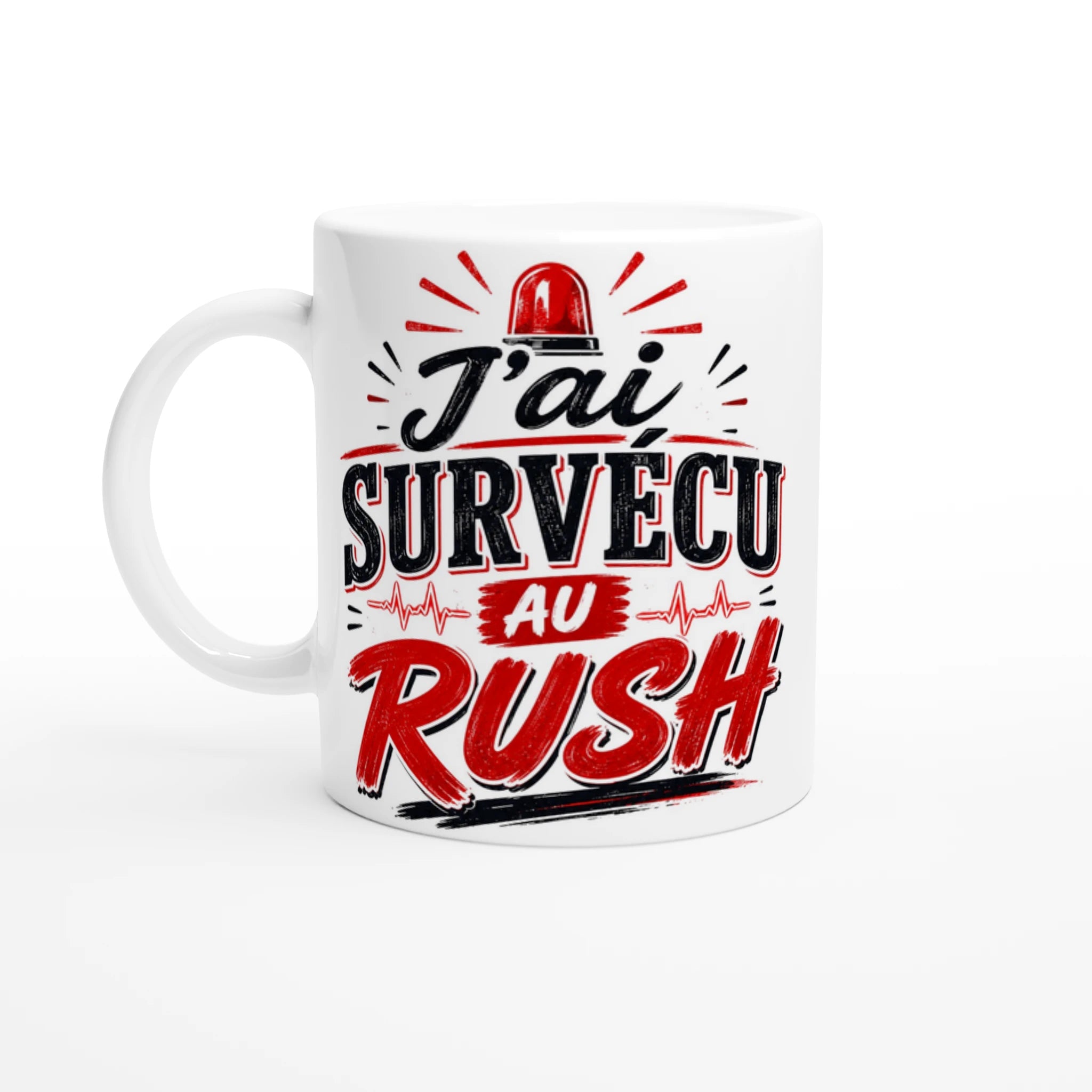 Mug céramique blanc, anse blanche, impression « J’ai survécu au rush ».