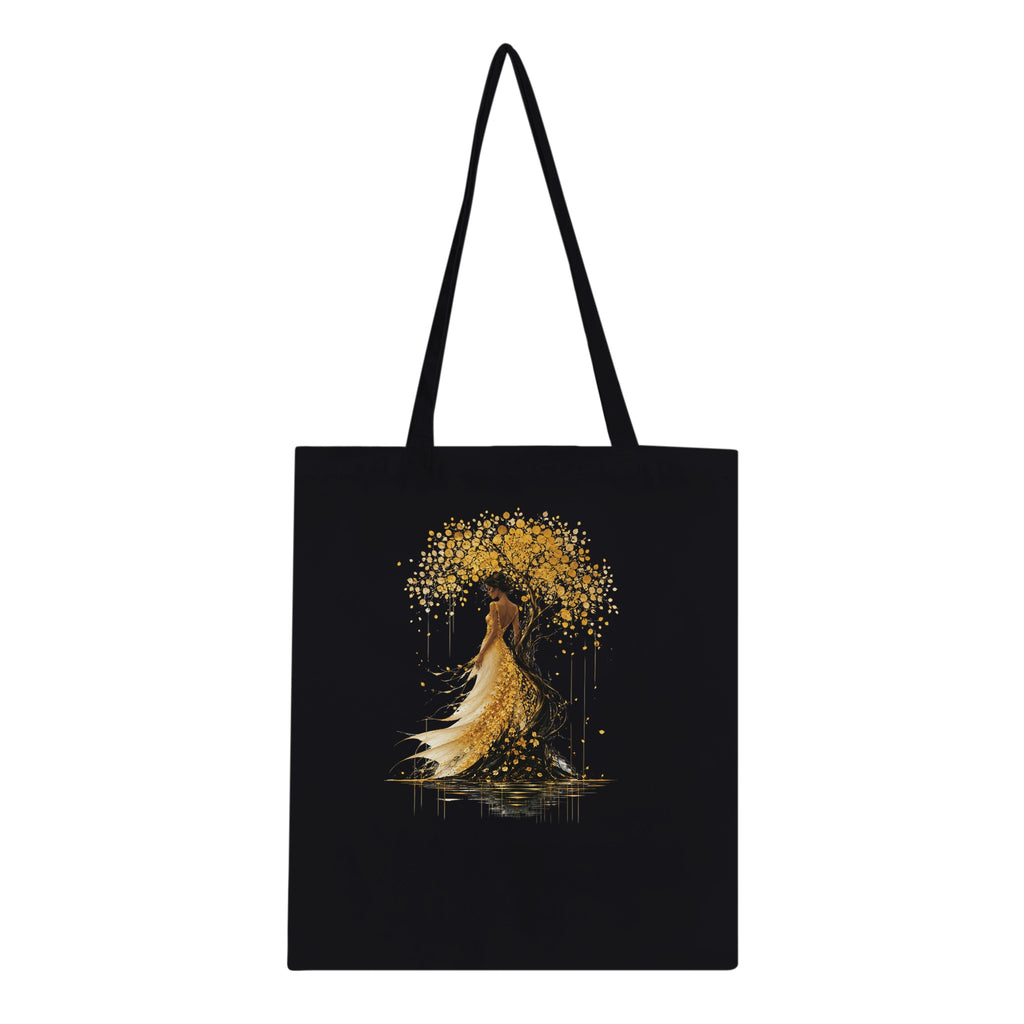 Sac cabas noir avec motif arbre doré et silhouette de robe, anses longues