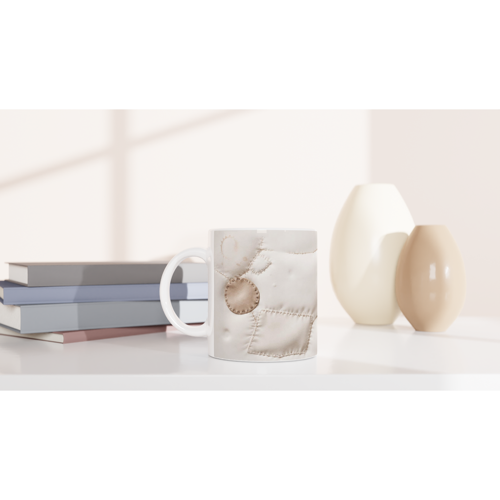 Tasse blanche à décor trompe-l’œil de pièces cousues beige et surpiqûres.