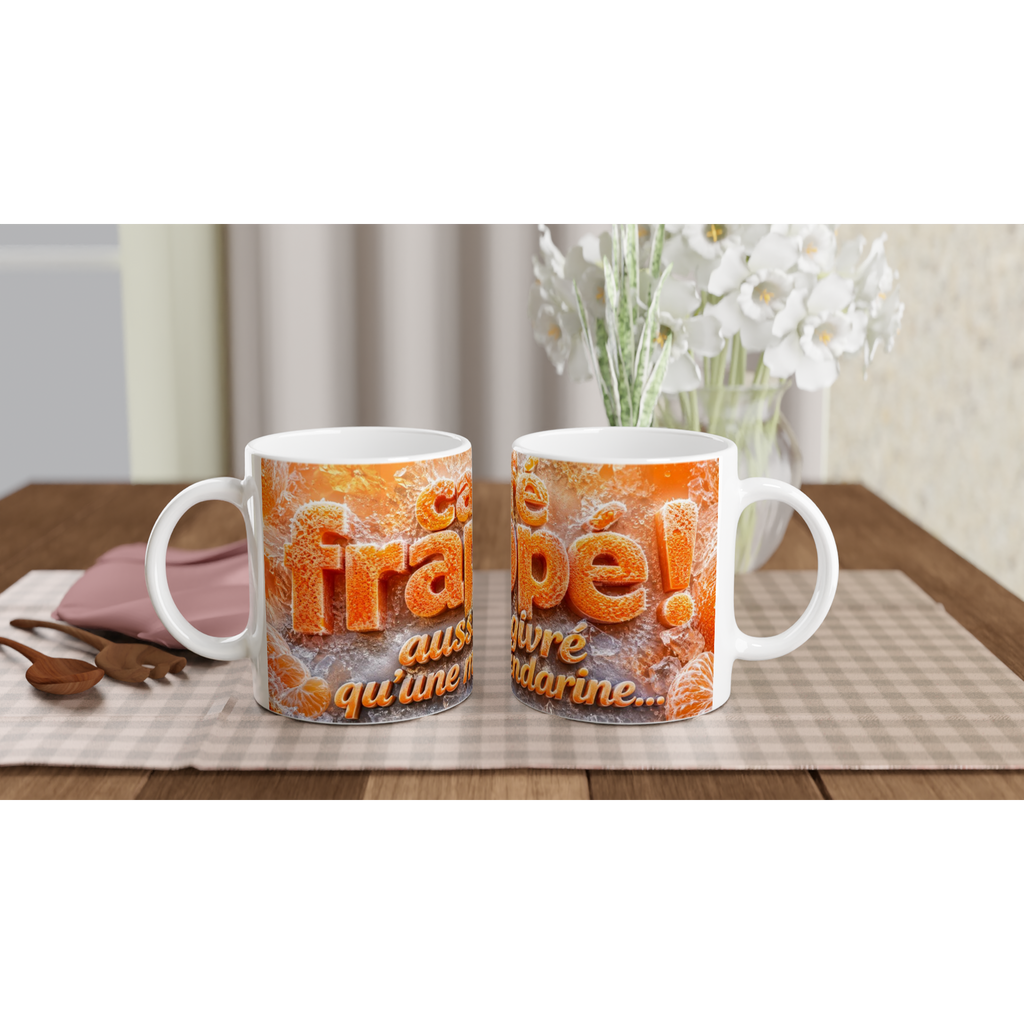 Mug blanc avec motif orange texture givrée et texte « qu’une mandarine »