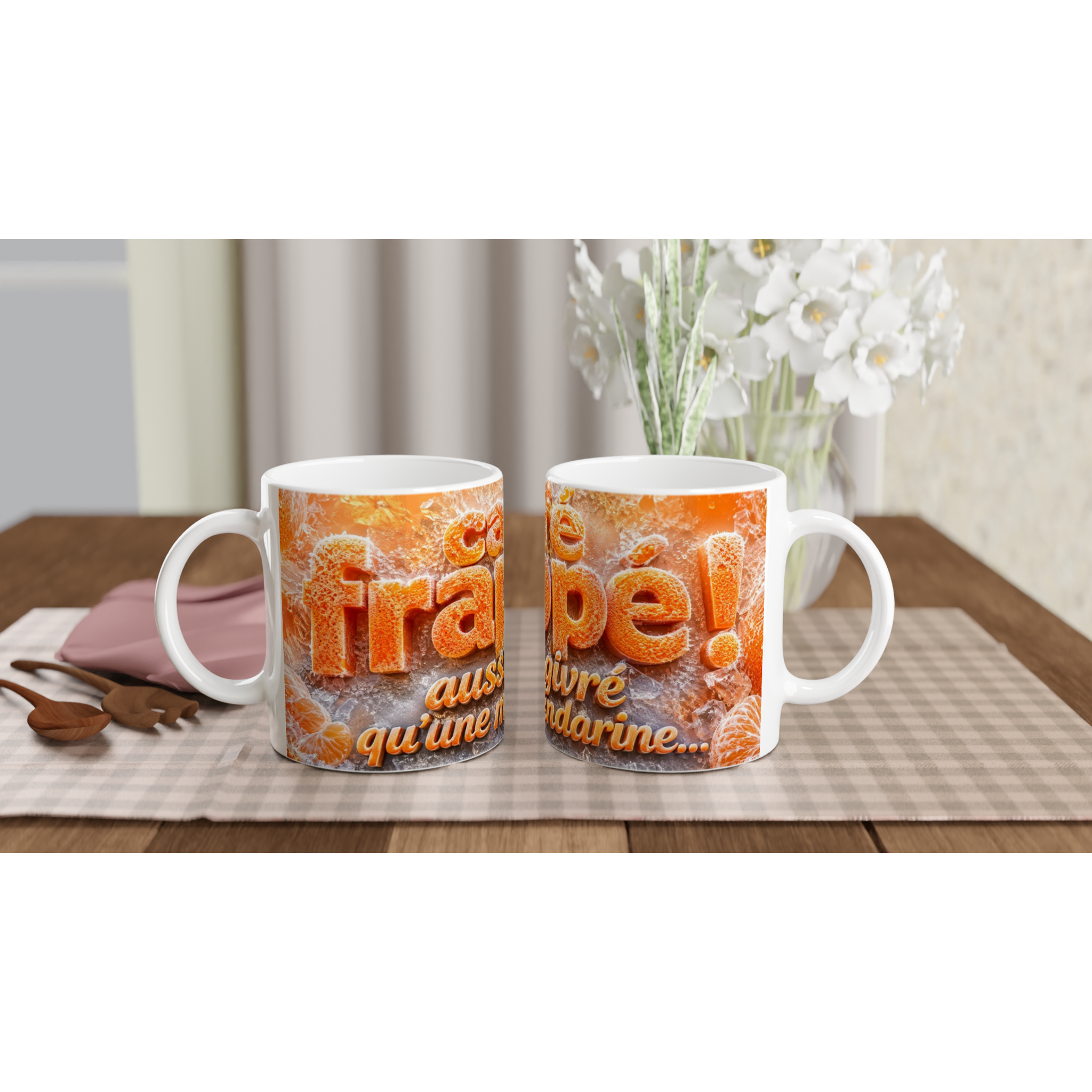 Mug blanc avec motif orange texture givrée et texte « qu’une mandarine »