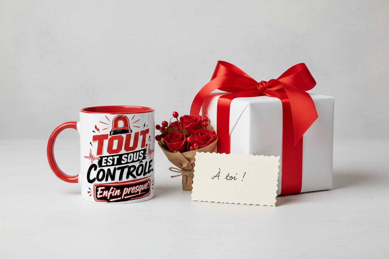 Mug blanc à poignée rouge, inscription « Tout est sous contrôle ».