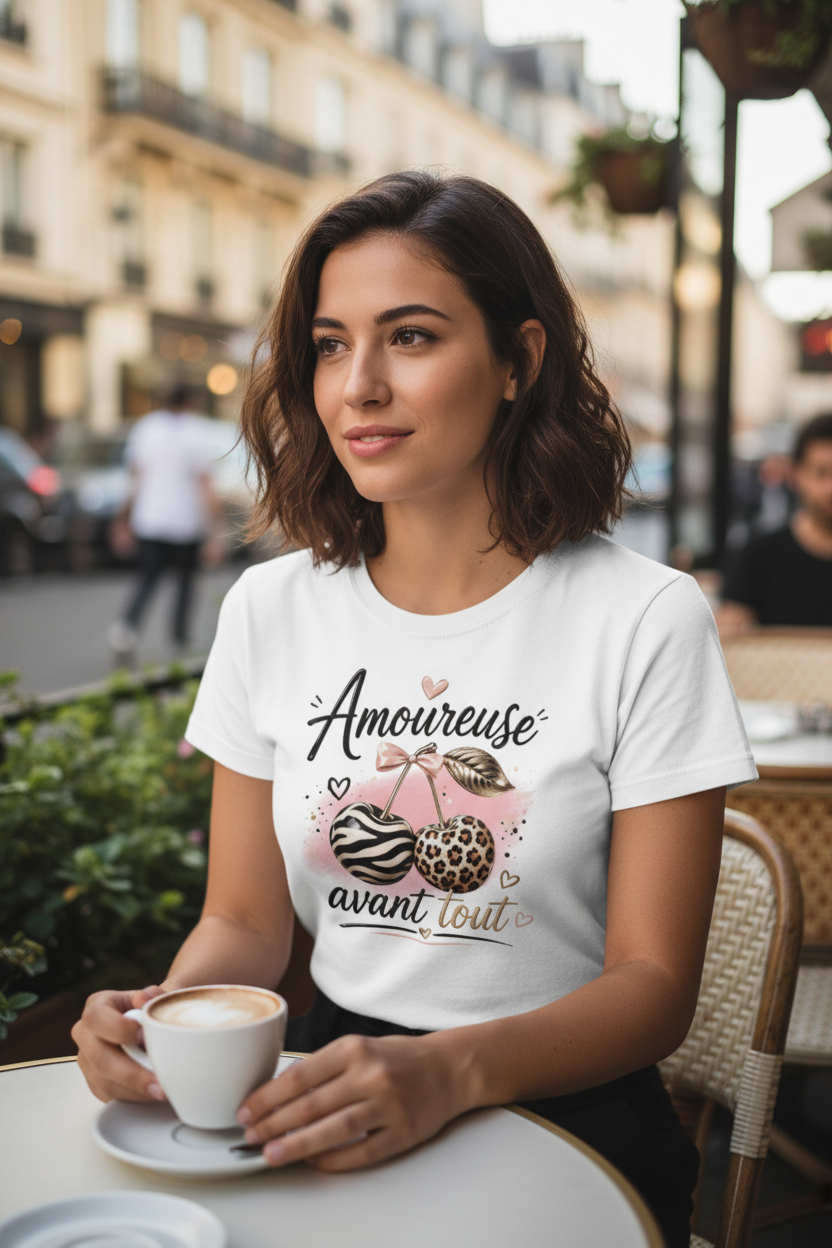 T-shirt femme blanc, imprimé « Amoureuse avant tout », encolure ronde