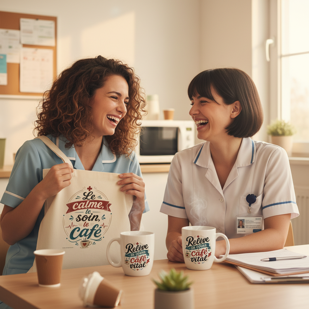 Sac tote écru, motif « Le calme, le soin, le café » centré sur la face