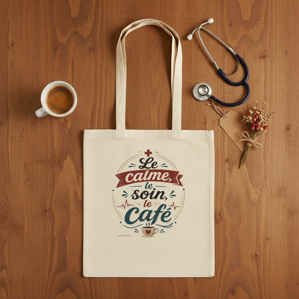Sac tote écru à plat avec anses, impression « Le calme, le soin, le café »